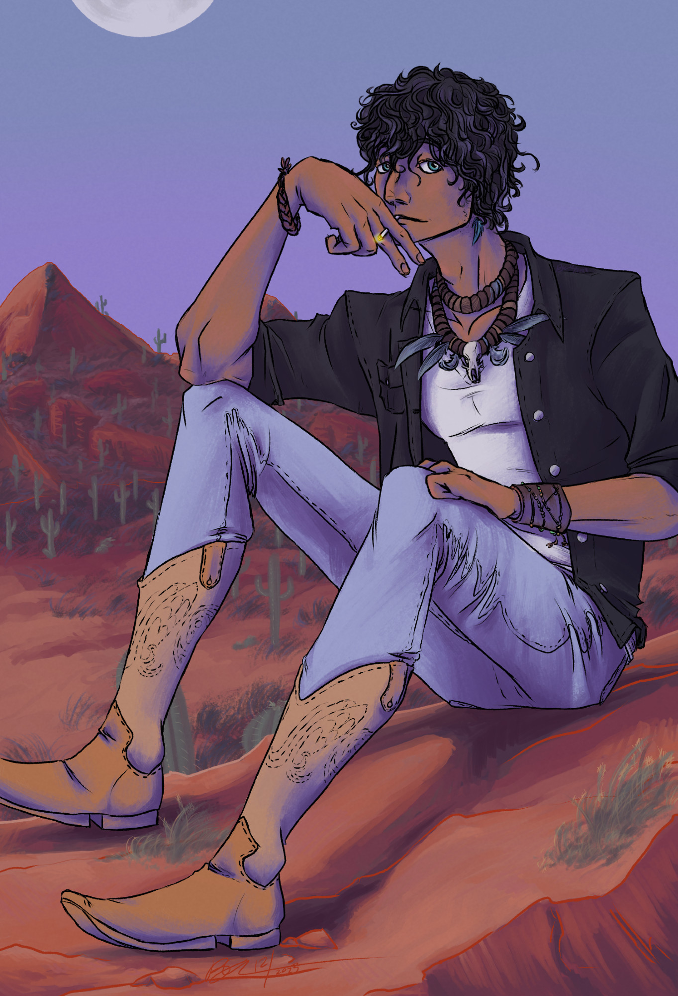 Mexican-American character Vel sitting in the Sonora Desert at a light lavender dusk