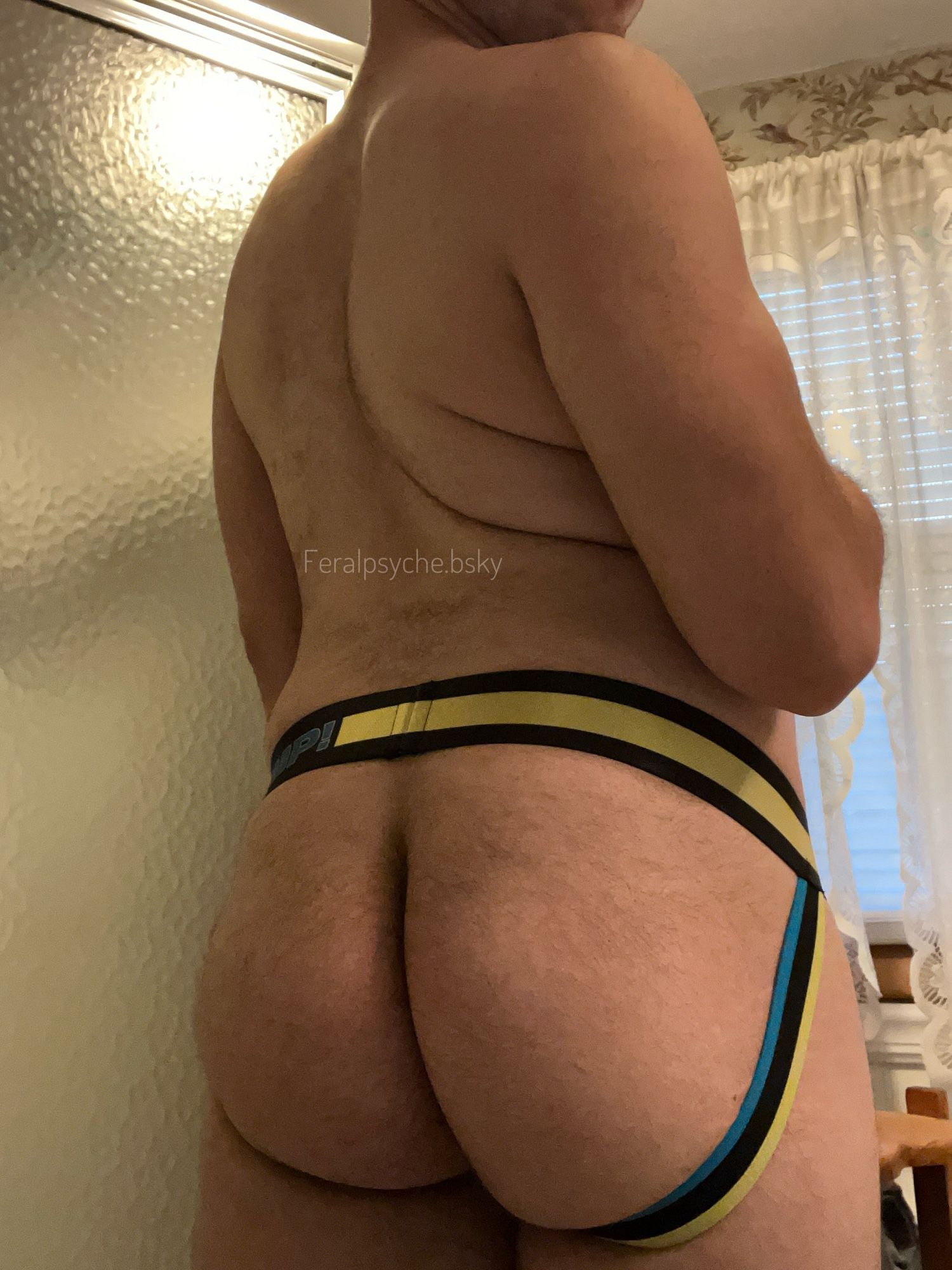 A shirtless, hairy guy wearing a blue and yellow Pump! jockstrap, turned away from the camera, showing off his ass