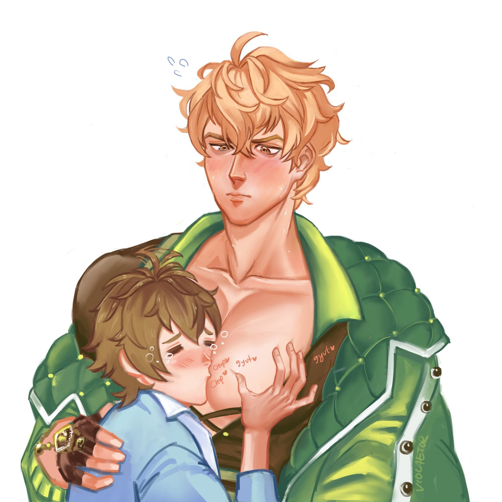 an indulgent art piece of Eiden (the protagonist of an adult game called "Nu:Carnival") nuzzling and suckling on Quincy's ample pectoral cleavage while also groping the pectoral as a stress reliever. Quincy can be seen to be blushing and flustered despite his rather stoic expression.