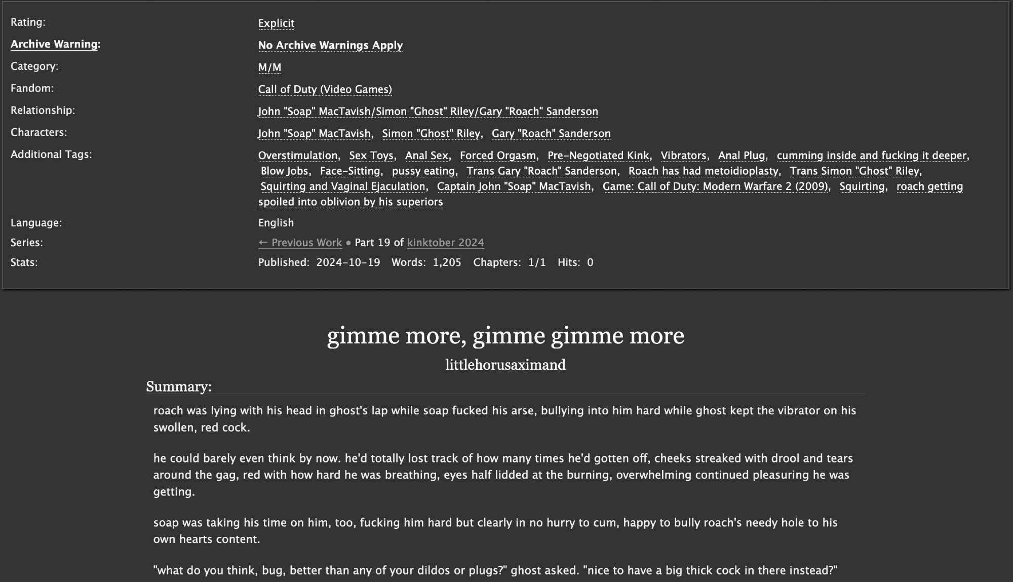 screenshot of an AO3 post by the O.P. featuring call of duty characters gary roach sanderson, simon ghost riley, and captain john soap mactavish.