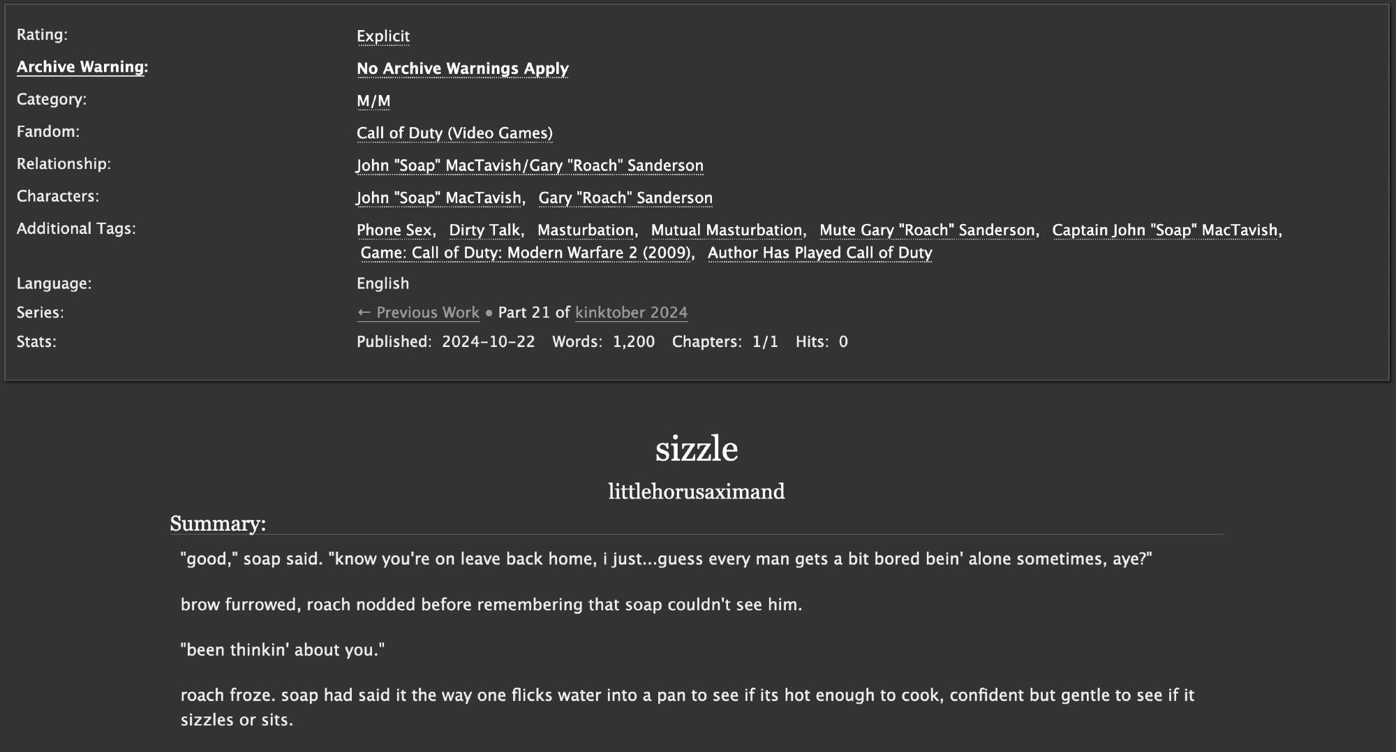 screenshot of an AO3 post by the o.p. of a call of duty fanfiction about captain mactavish and gary roach sanderson