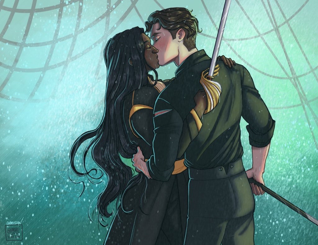 Kaz and Inej recreating the famous kiss scene from Pirates of the Caribbean between Will and Elizabeth when they get married on the Black Pearl. Inej's long black hair is loose, blowing in the wind, and she has a rapier clutched in her right hand. Kaz's hand is at the small of her back and his other holds his iconic cane. The background is a bright teal with stormy looking sea spray and rope/rigging/rat lines for the ship. Artist signature in the bottom left corner reads commission - @xandrei 2021 do not repost