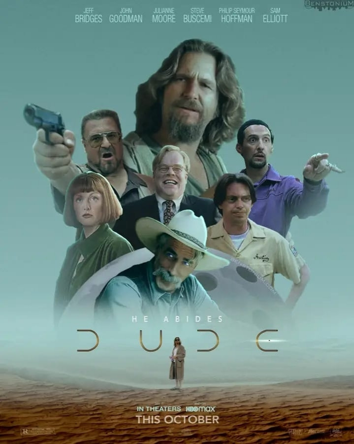 A poster of Dune 2 with the characters from the Big Lebowski and the tittle "Dude"