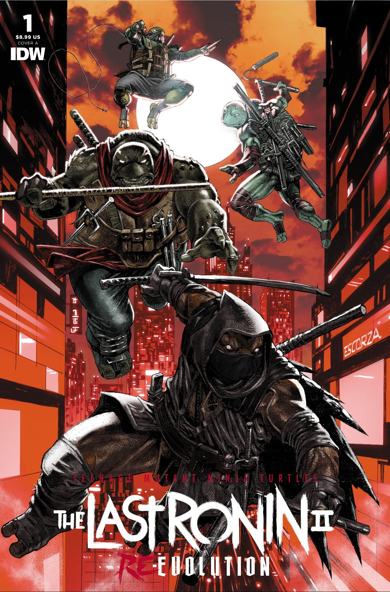 Last Ronin gol 2 issue 1 cover by the Escorza Brothers depicting the four new turtles.