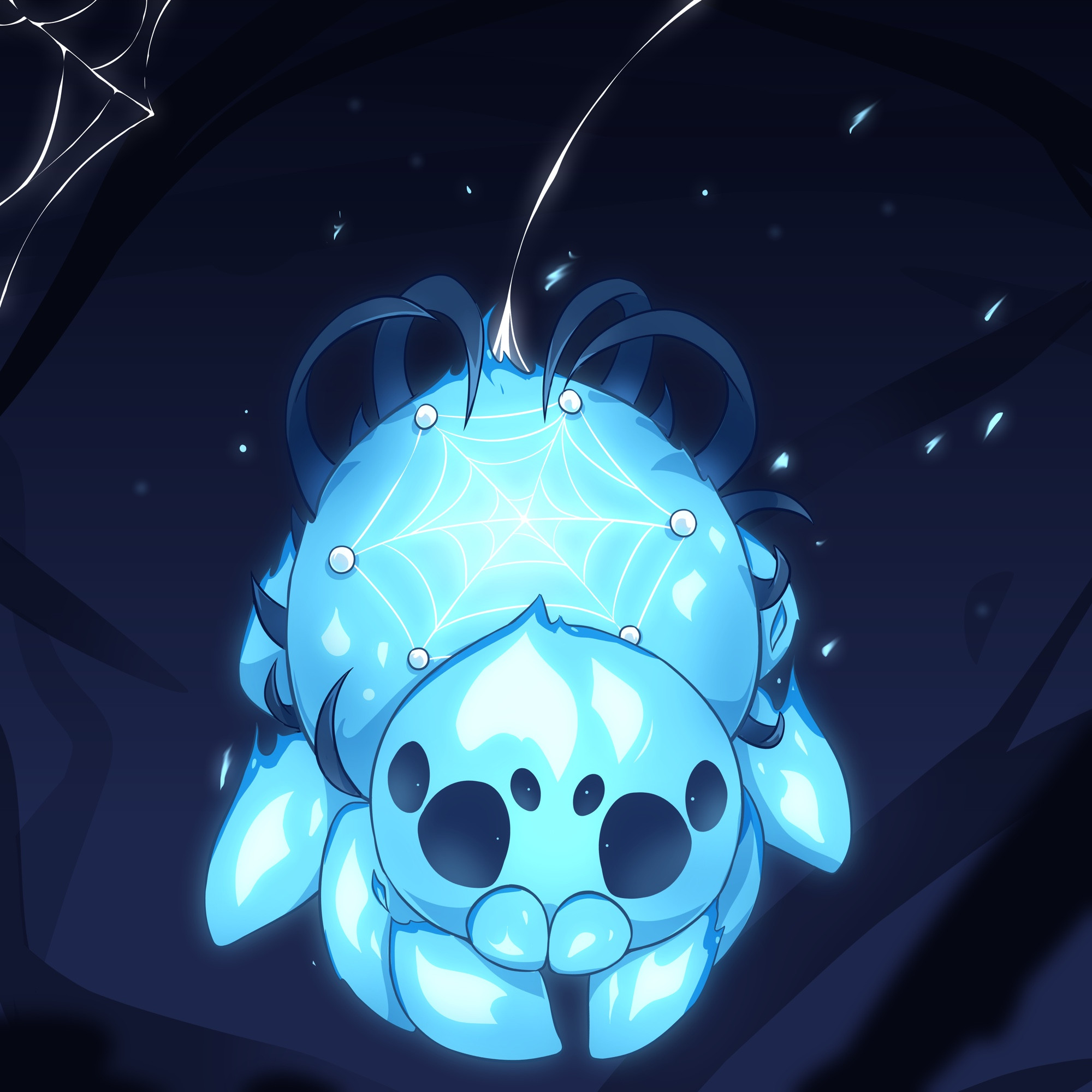 A cute, stylized depiction of a glowing blue spider hanging from a thread of web in a dark, night-like environment. The spider has large, round eyes and a soft, plush-like body, giving it a friendly and non-threatening appearance. Its back is adorned with a delicate white spiderweb design, and small glowing orbs accent its body. The background is dark with subtle web designs and sparkling light particles floating around, creating a magical, ethereal atmosphere.”