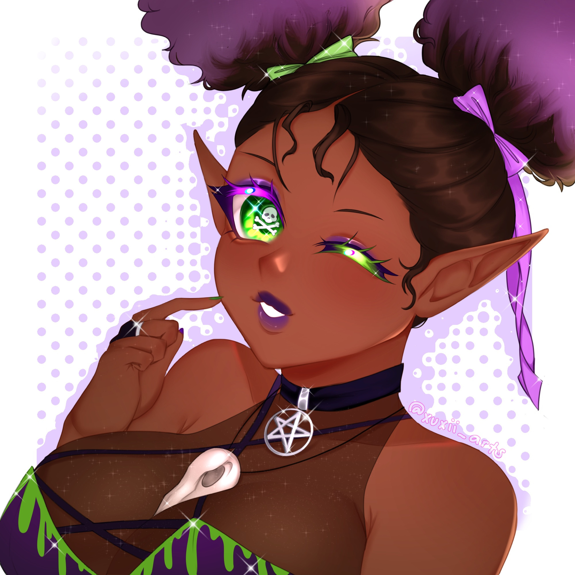 The image is a digitally illustrated portrait of a character with fantasy-like features. The character has dark skin and large, pointed elf-like ears. Their hair is styled into two voluminous, fluffy puffs, adorned with purple and green ribbons. The character's eyes are vibrant, with one green iris featuring a skull and crossbones symbol. They wear a black choker with a glowing purple pentagram pendant. The outfit includes a top with green accents and dripping effects along the edges. The background is a gradient of lavender hues with white polka dots scattered throughout, adding a whimsical and vibrant atmosphere to the image.