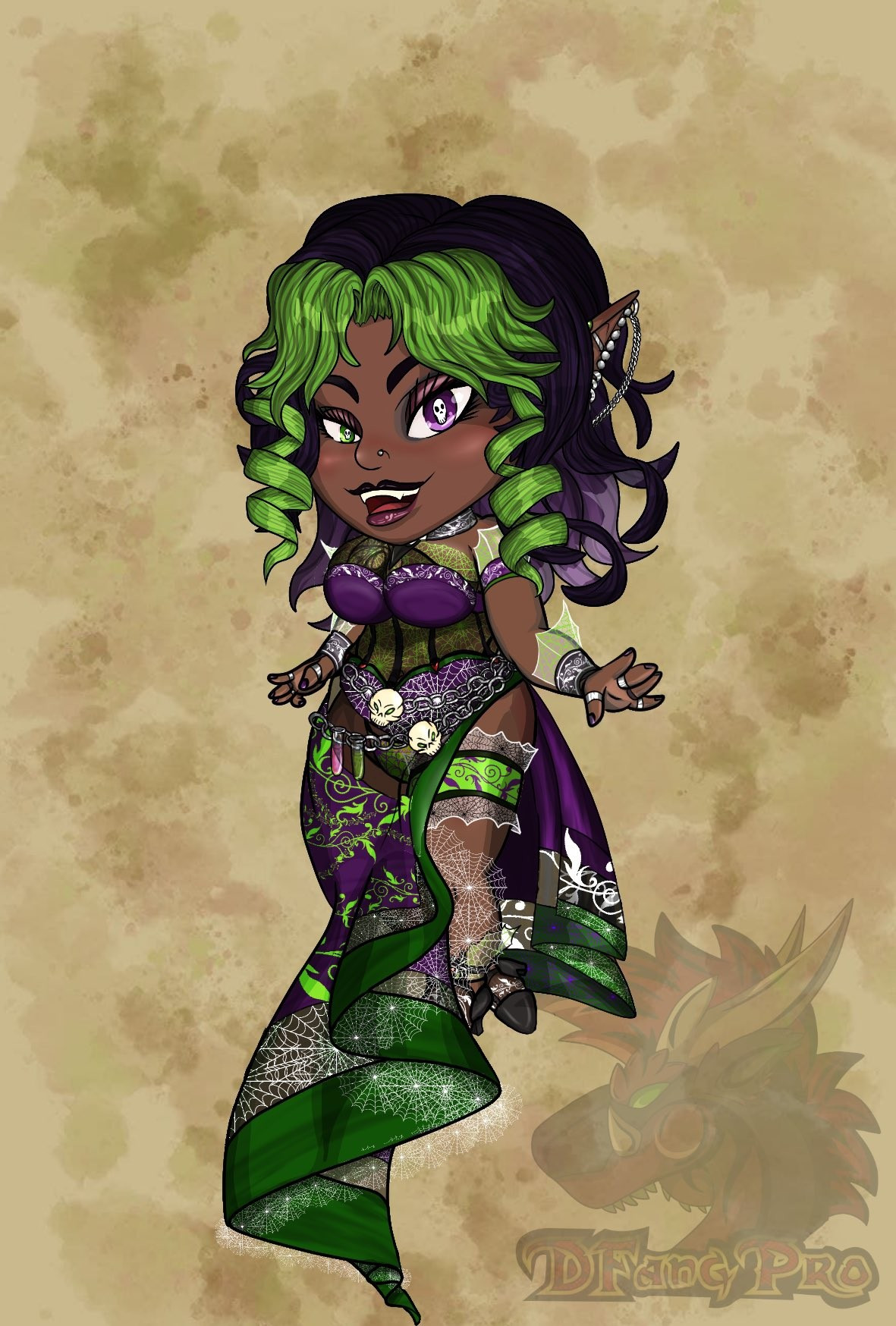 The image features a chibi-style character with dark brown skin, pointy elf-like ears adorned with silver chains, and vibrant green and black hair styled in loose curls. Her eyes are striking, one bright green and the other purple. She wears a gothic fantasy-inspired outfit in shades of purple, green, and black with intricate details such as spiderweb patterns and small skulls as accessories. Her outfit is a corset dress with lace and fabric that has a flowy design, including green accents and web-like details. She stands confidently with one hand raised, smiling with dark lipstick, giving off a playful yet mysterious vibe. The background is a textured tan color with a faded dragon symbol on the bottom right. 
