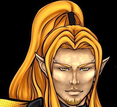 The image depicts a detailed illustration of a fantasy character with elven features. The character has long, flowing golden hair extending down their back and is styled in a high ponytail. Their skin is pale with glowing golden patterns that resemble veins or markings across their forehead and cheeks. They have pointed ears typical of elves. The character's stern gaze is directed forward, with striking yellow, cat-like eyes. The background is solid black, which makes the figure stand out prominently. On the character's shoulder, there is a visible section of golden armor with a textured pattern.