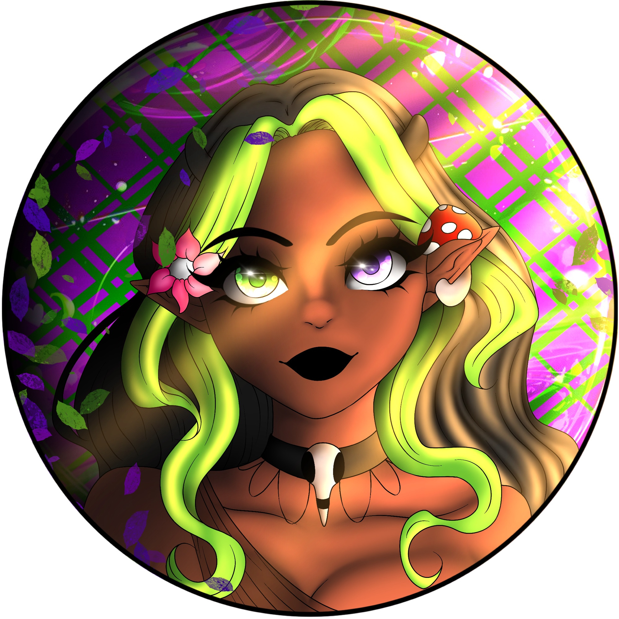 A circular portrait of Elpis, a fantasy character with fae-like features. Elpis has brown skin, long wavy hair with neon green highlights, and pointed ears. One ear is adorned with a red mushroom and the other with a pink flower. They have mismatched eyes—one green and one purple—framed by bold lashes. Elpis wears a black choker with a white bone pendant. The background is a vibrant mix of green and purple plaid with scattered leaves, giving the image a magical, nature-themed vibe. Elpis has a calm expression with a subtle smile.