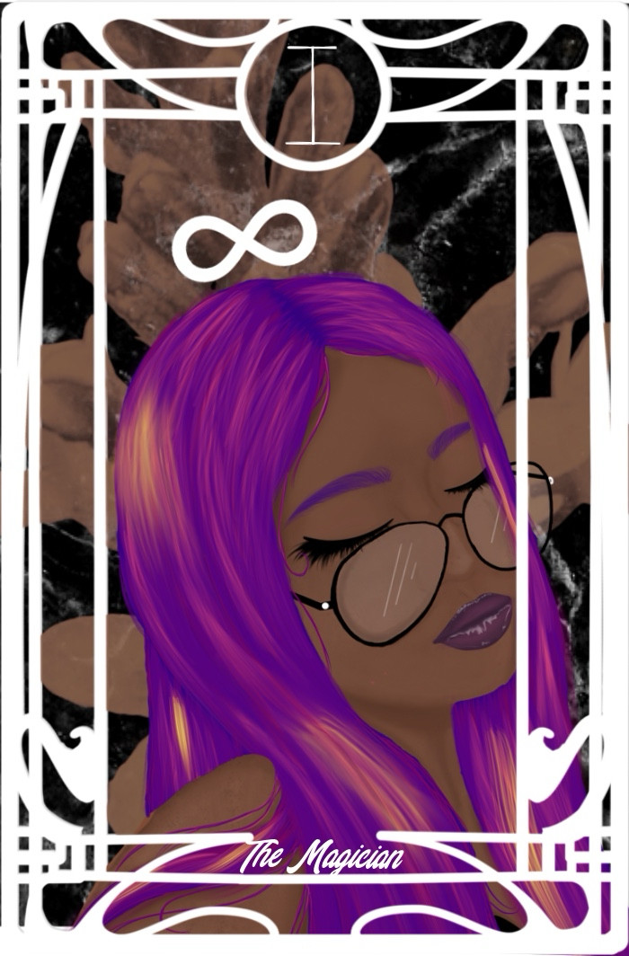 The image is an artistic tarot card titled "The Magician." The central figure is a woman with vibrant purple hair that fades to pink at the ends. She wears glasses and has closed eyes, conveying a serene expression. Her lips are painted a dark purple. The background features a marbled texture in black and brown, creating a mystical and abstract atmosphere. Above her head is the infinity symbol, and her portrait is framed by an ornate white border that includes intricate patterns and designs. The number "I" is encased in a circle at the top center, indicating the card's symbol within the tarot deck.