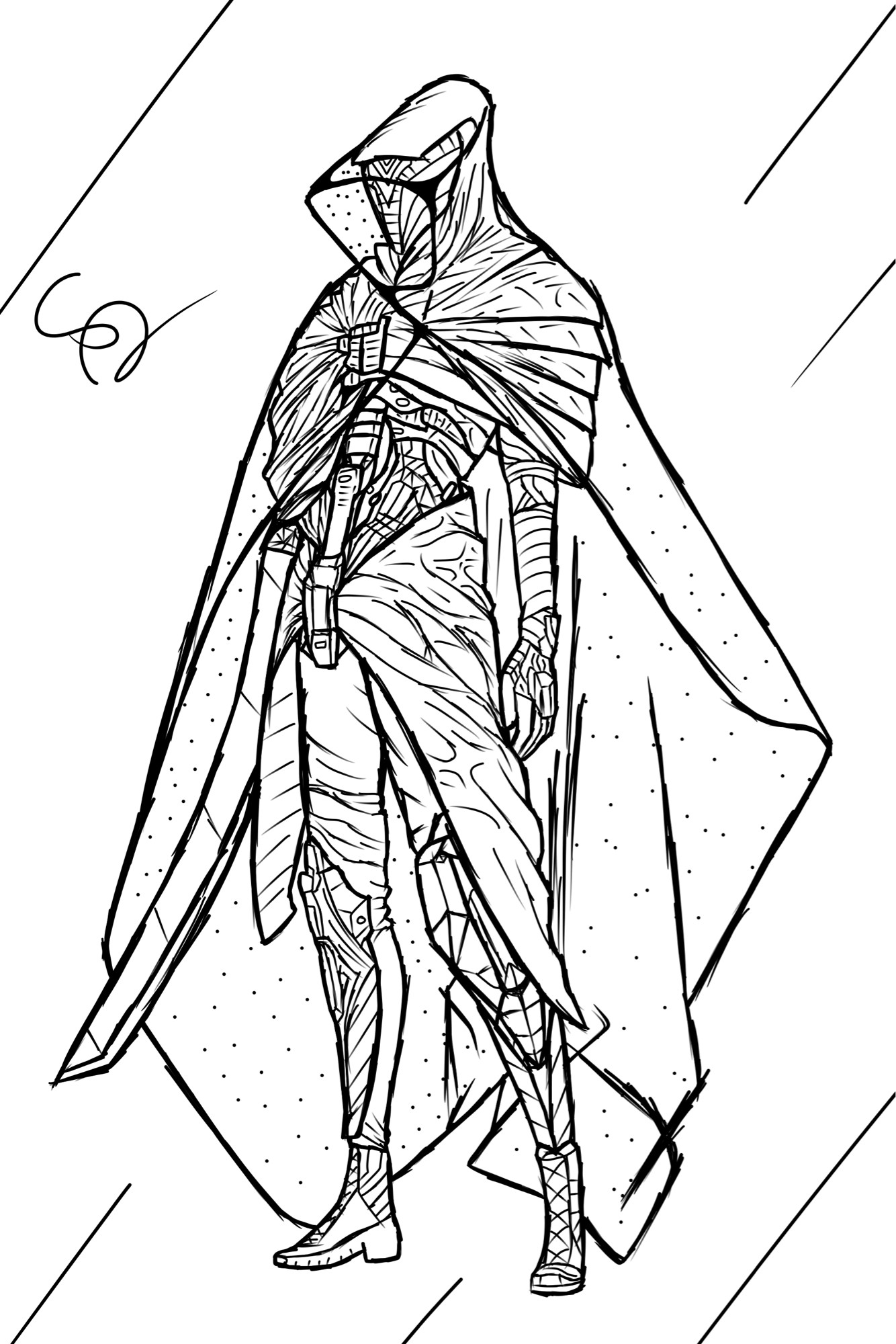 Robotic assassin character with a blade arm, wearing a poncho