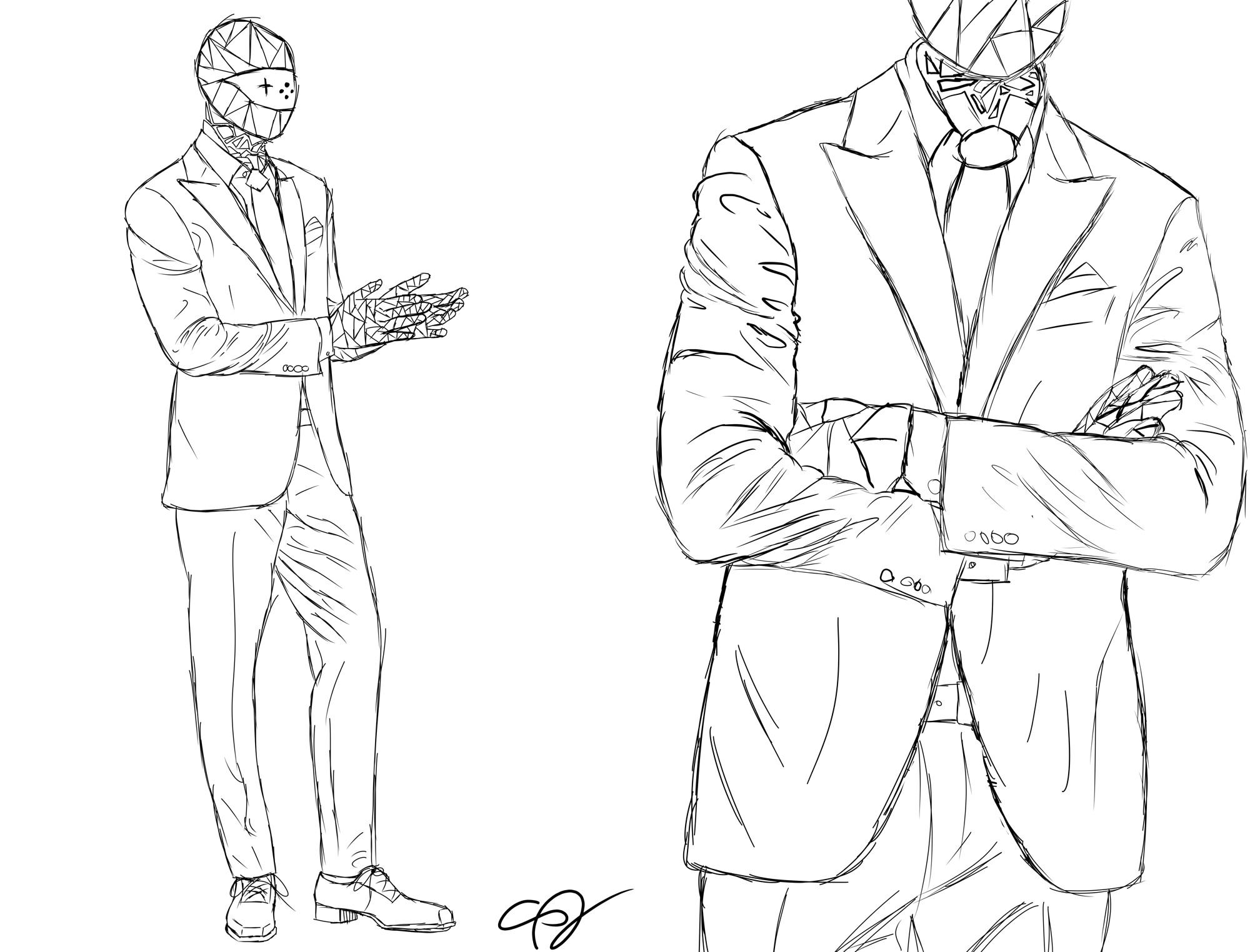 Full body drawing of cyro rubbing his hands together (left).
Closeup drawing of cyro from the hips to the shoulders (right).