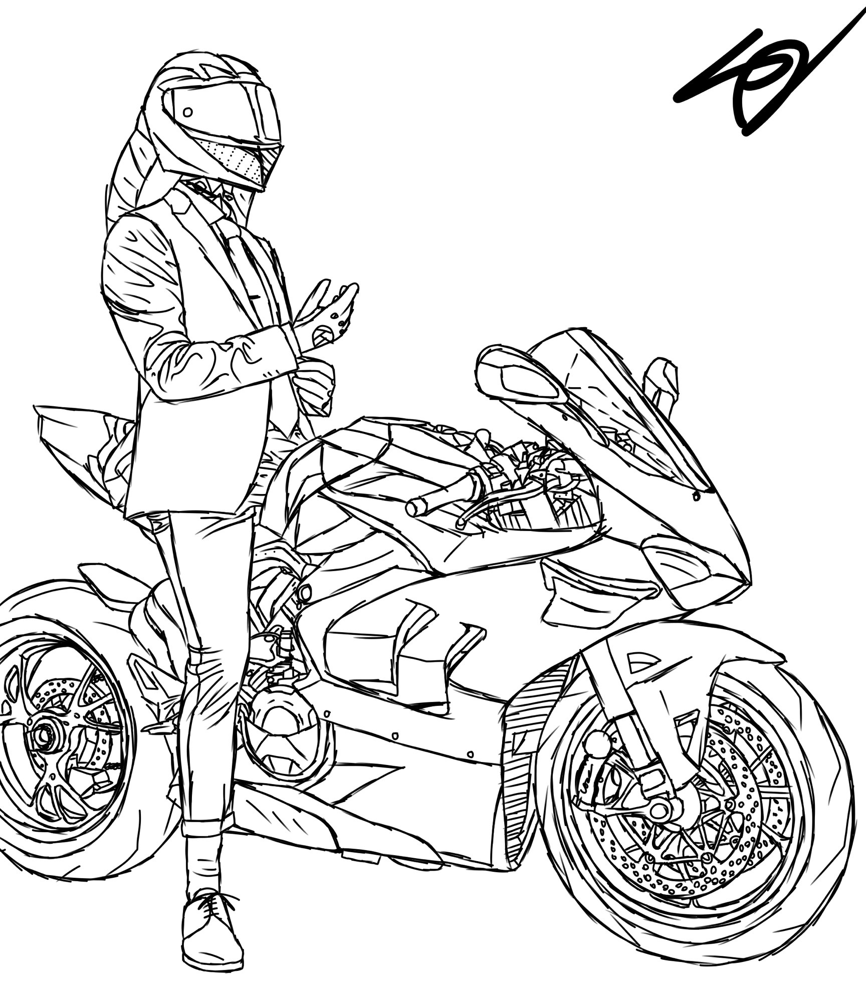 Full body drawing of cyro on a motorcycle.
Adjusting his sleeve.