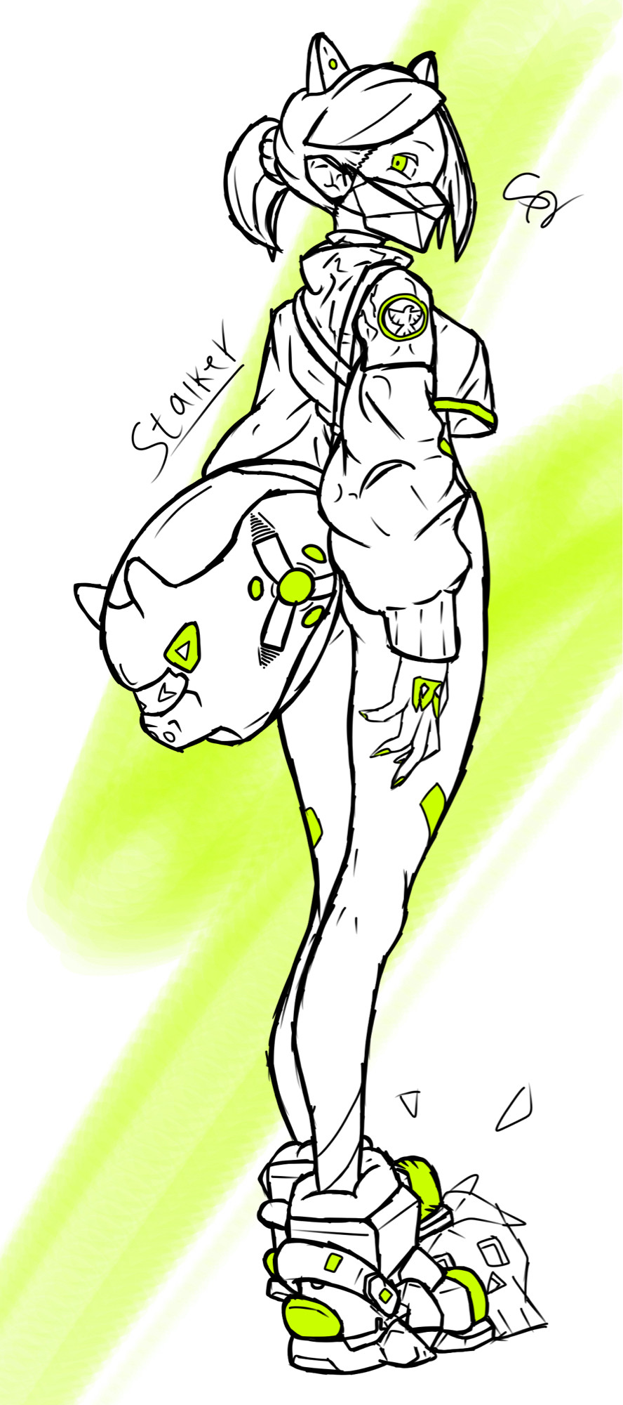 Female character named stalker, stepping on and crushing a skull, wearing a pig drone as a backpack.