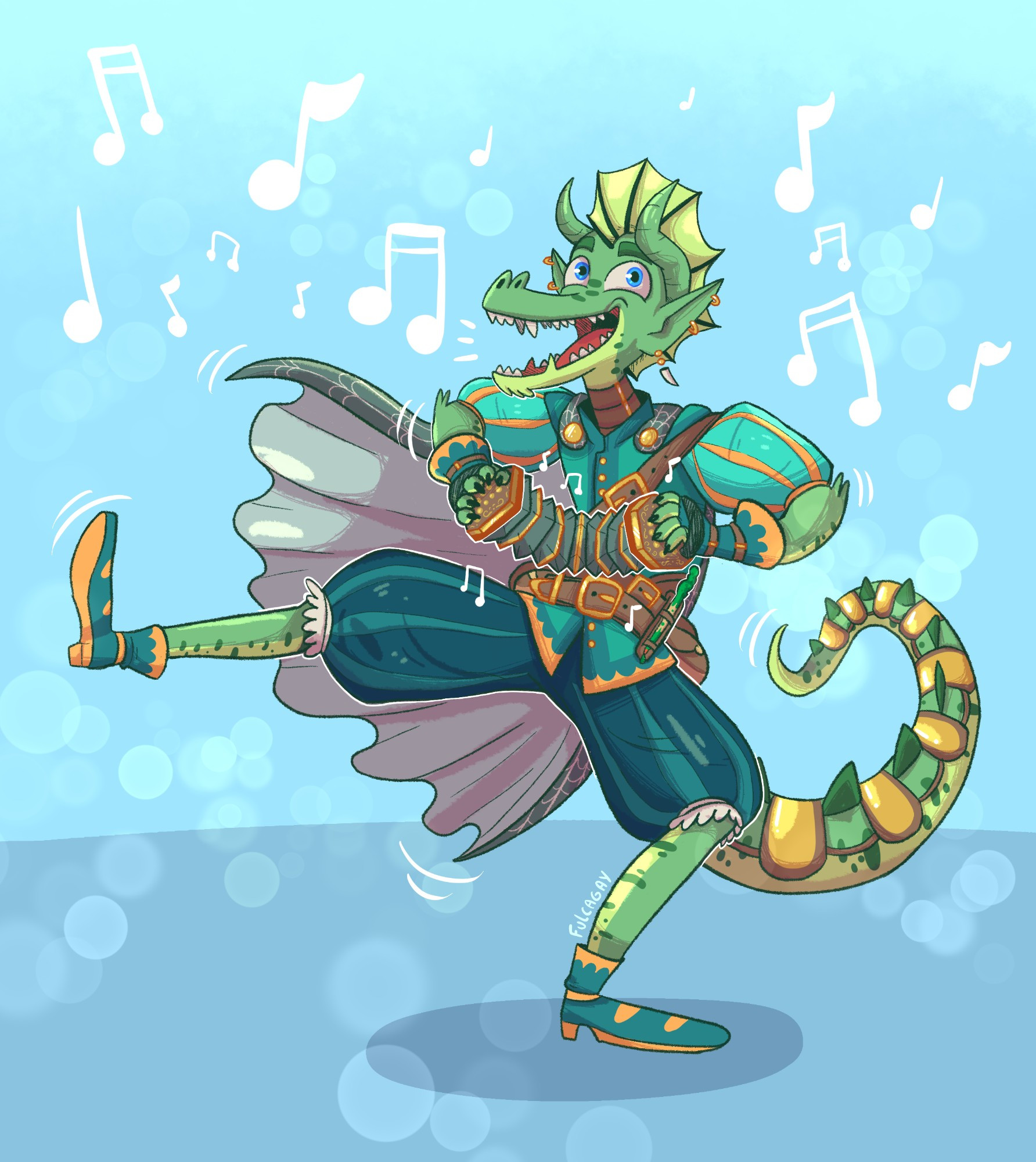 My D&D character Yemiyamerwtewi, a green Dragonborn bard