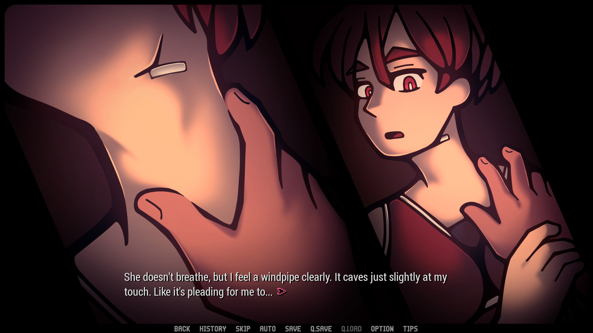 screenshot from a visual novel. the image shows a robot woman leading a human girl's hand to her throat, revealing a metal latch on the underside of her jaw. the text reads: "She doesn't breathe, but I feel a windpipe clearly. It caves just slightly at my touch. Like it's pleading for me to..."