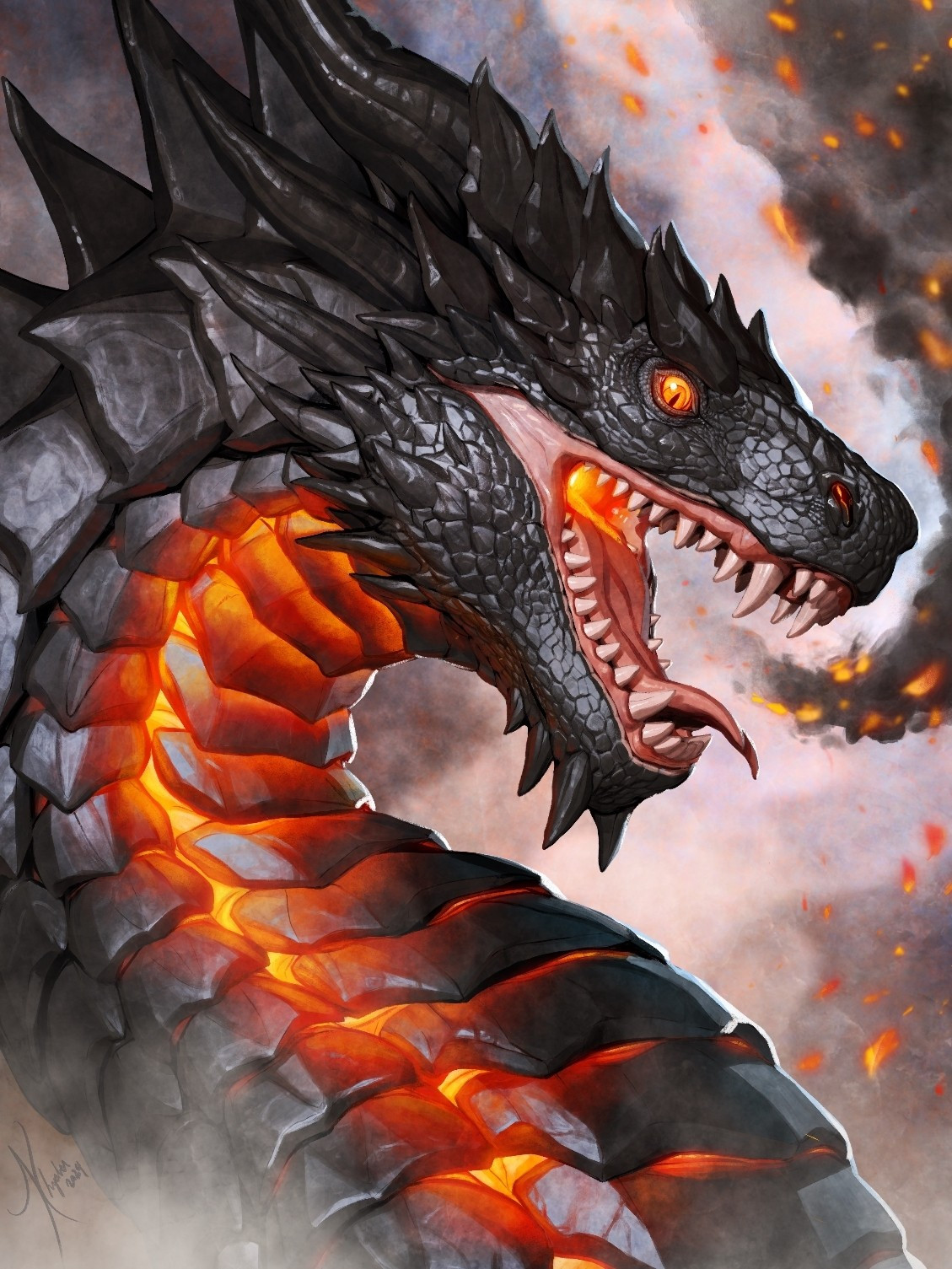 Portrait of a black dragon with large scutes. The dragon is about to breathe fire and the neck scutes are glowing red hot.