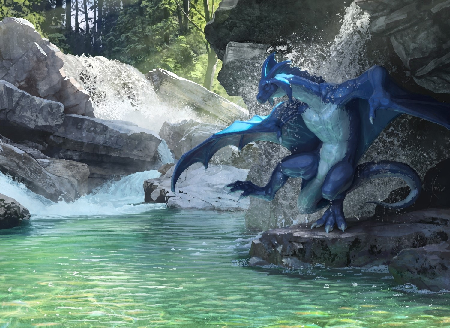 A blue wyvern showers under a waterfall beside a vibrant pool of water in the the forest. Other waterfalls are cascading behind him.