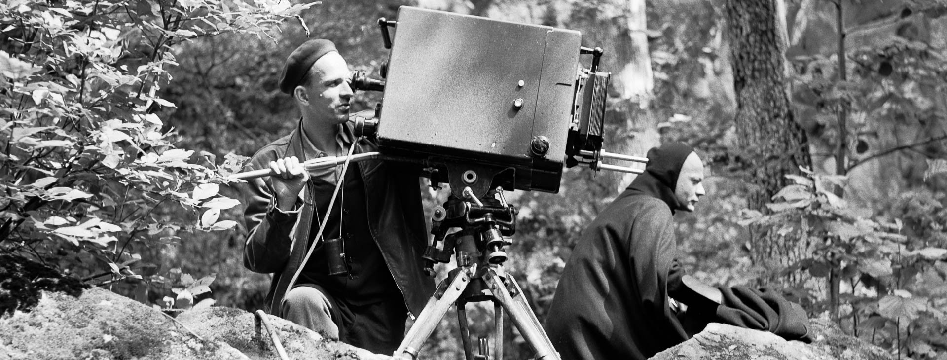 Ingmar Bergman and Bengt Ekerot on the set of The Seventh Seal (1957)