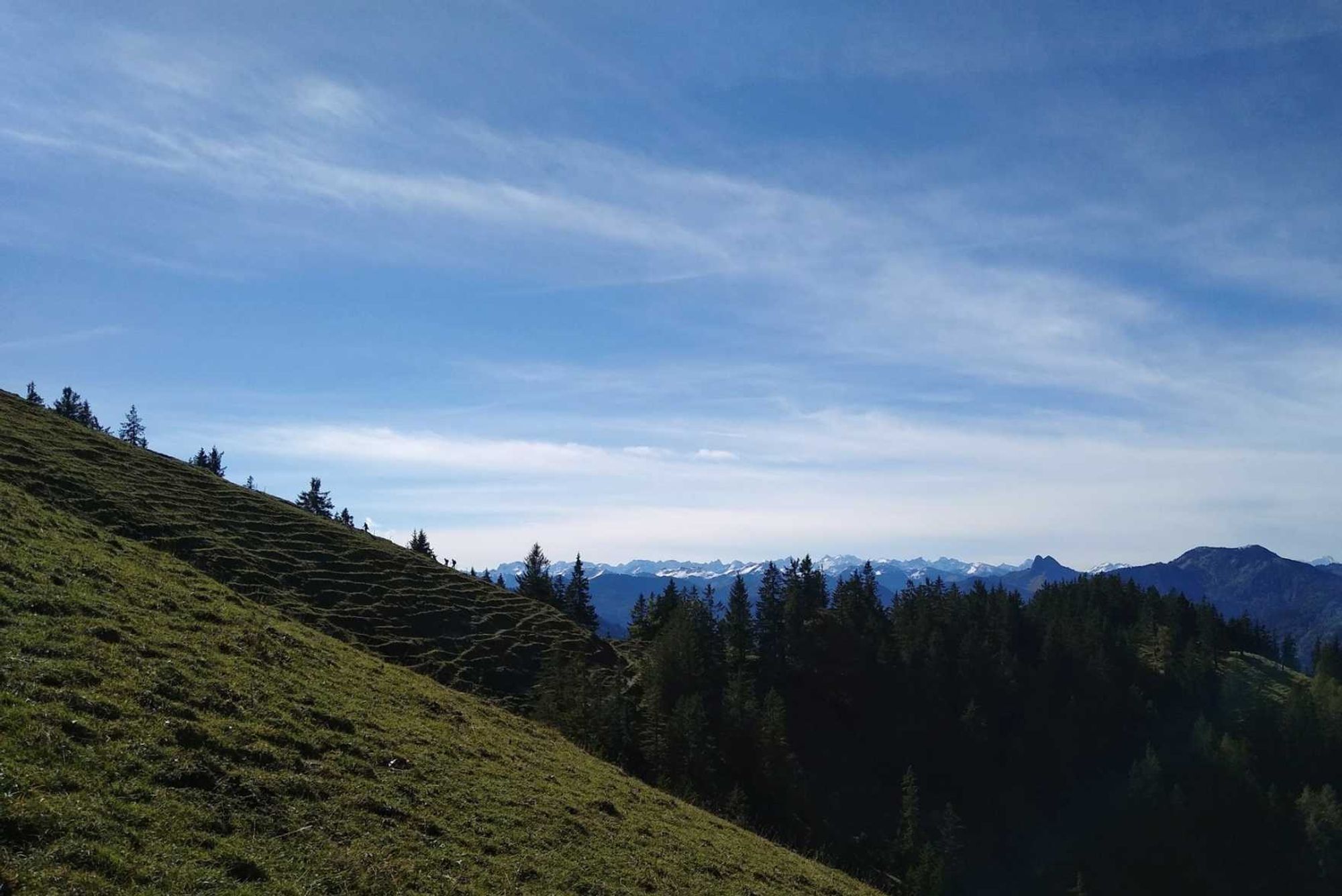 Blick an der Baumgartenschneid vorbei Richtung Hochgebirge. Am linken Rand auf einer ziemlich stellen Strecke sind ganz klein aufsteigende Wanderer zu entdecken, ganz in der Ferne schneebedeckte Gipfel.