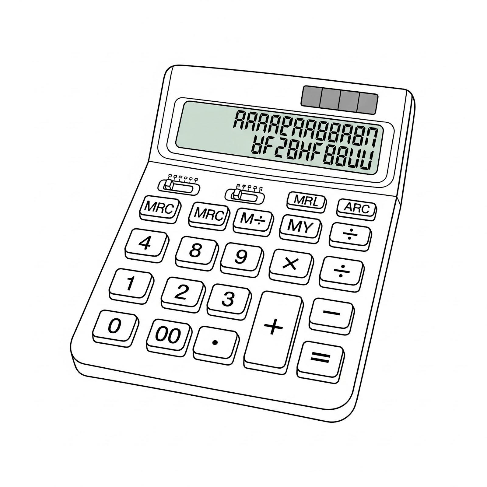 Illustration of a white calculator with a digital display showing 