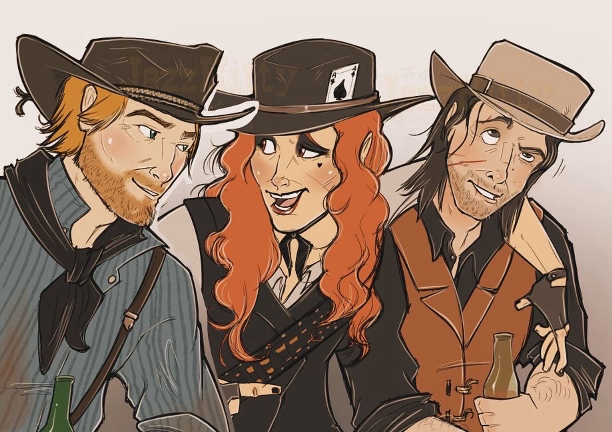 Close up of Arthur Morgan,(L), Jenna the Outlaw(M) & John Marston(R)