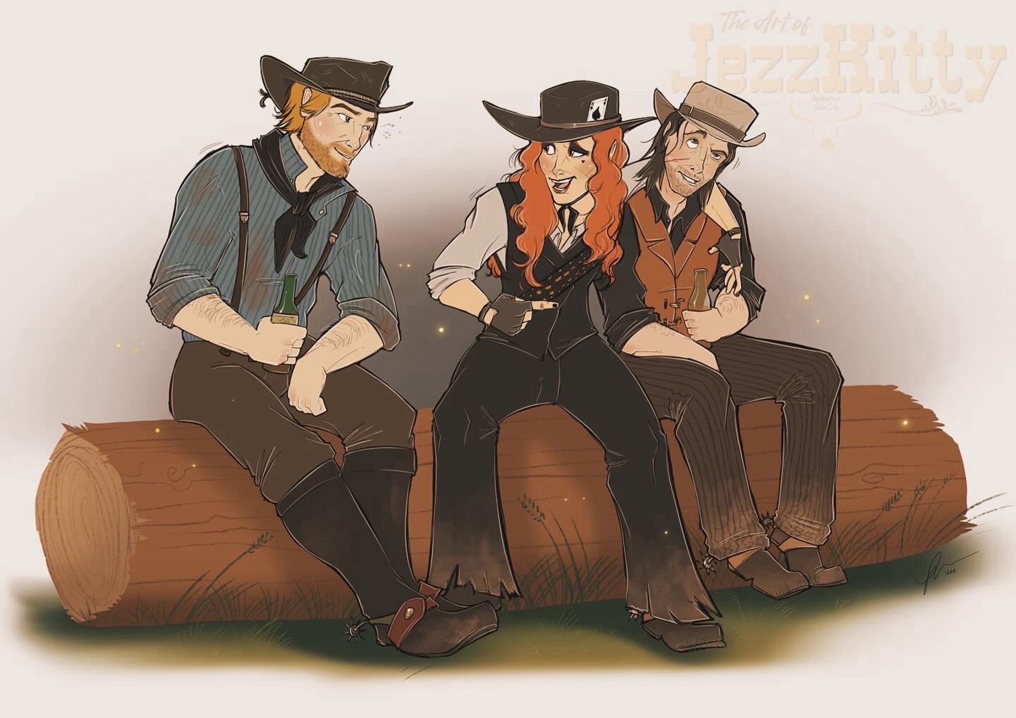 Fan art of Arthur Morgan, Jenna the Outlaw (my cosplay) and John Marston all sat together on a log. Arthur & John are drinking beverages and Jenna is telling an embarrassing story about John to Arthur.