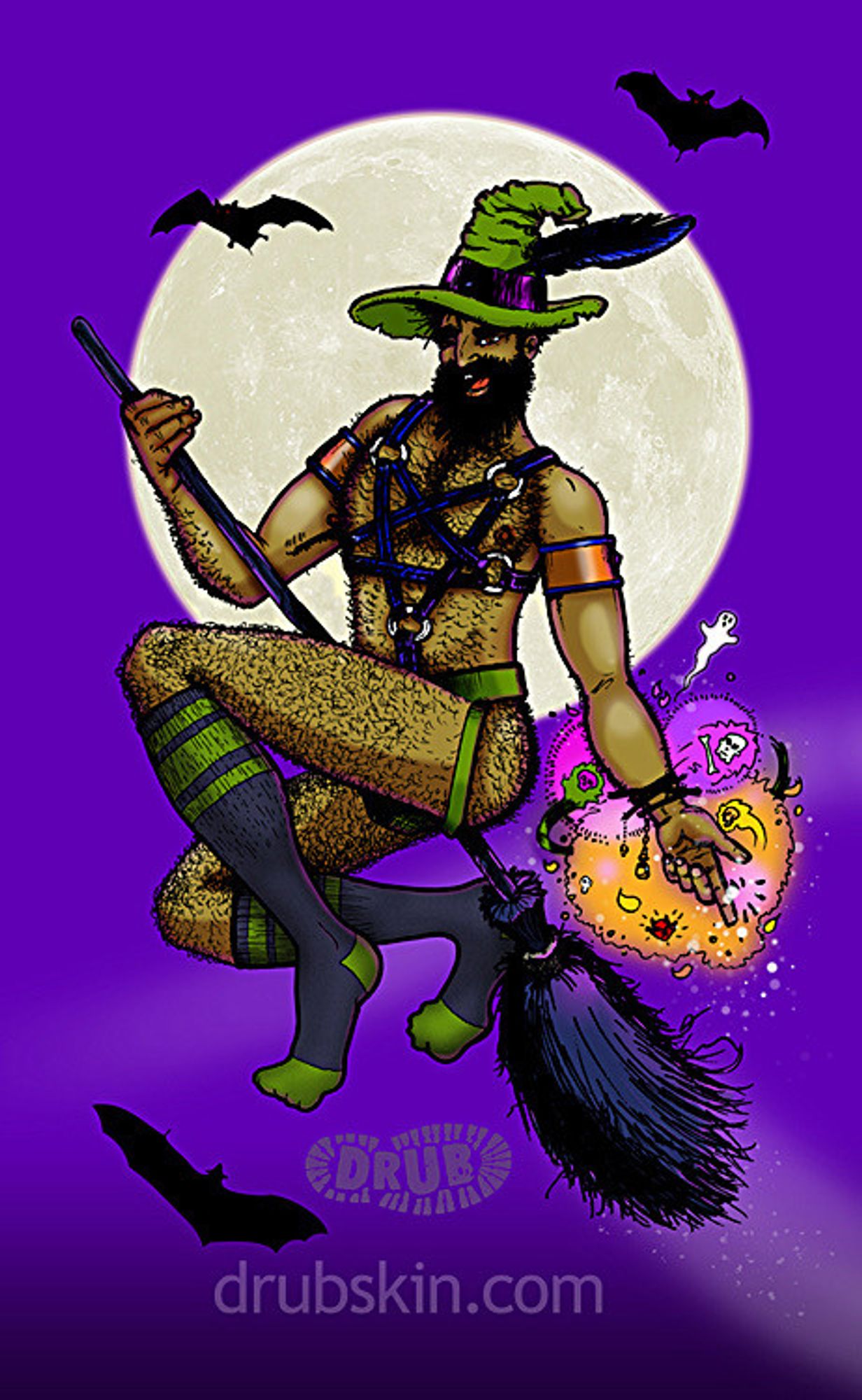 A hairy, male witch on a broom flying across the purple night sky with bats in tow. The witch has a pentacle harness, black tube socks with green toe, heel, and bands across his meaty calves. His green jockstrap and hat match his rather skimpy outfit shows a profuse amount of body hair over his light bronze skin. The moon is full behind him and his left hand begins to cast a spell. Perhaps on you.