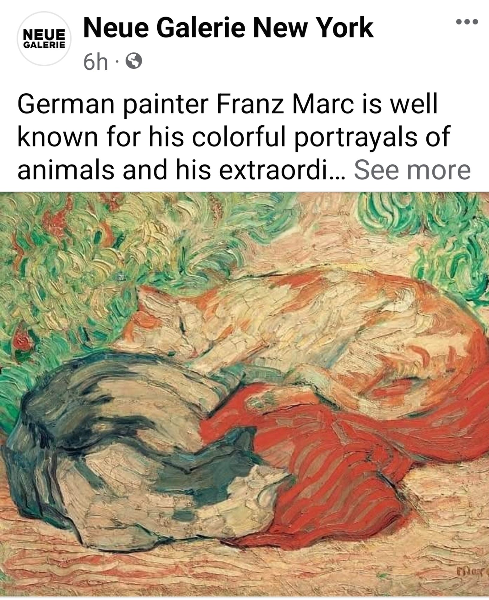 German painter Franz Marc is well known for his colorful portrayals of animals and his extraordinary use of color. This #Caturday we share "Cats on a Red Cloth," which was completed by the artist in 1909-10.

In the present work, the use of just a few colors (blue, green, and red) in various shades and the nervous brushwork are results of his study of Vincent van Gogh's oeuvre. Marc was searching for the artistic means to reveal the innermost quality of the motifs that was hidden behind an illusory reality. His work was not yet liberated from local color. In 1909 and 1910, he was also grappling with the subjects of the animal and of the human being.

________
Franz Marc, "Cats on a Red Cloth," 1909–10. Deutsche Bank Collection. Photo: akg-images

#NeueGalerie
#NeueGalerieNY
#FranzMarc