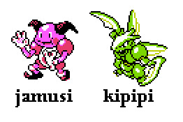 Sprites of the Pokemon Mr. Mime and Scyther. Below them are two lines of text reading "jamusi" under Mr. Mime and "kipipi" under Scyther. These two lines of text are potential names for the Pokemon within the conlang toki pona.