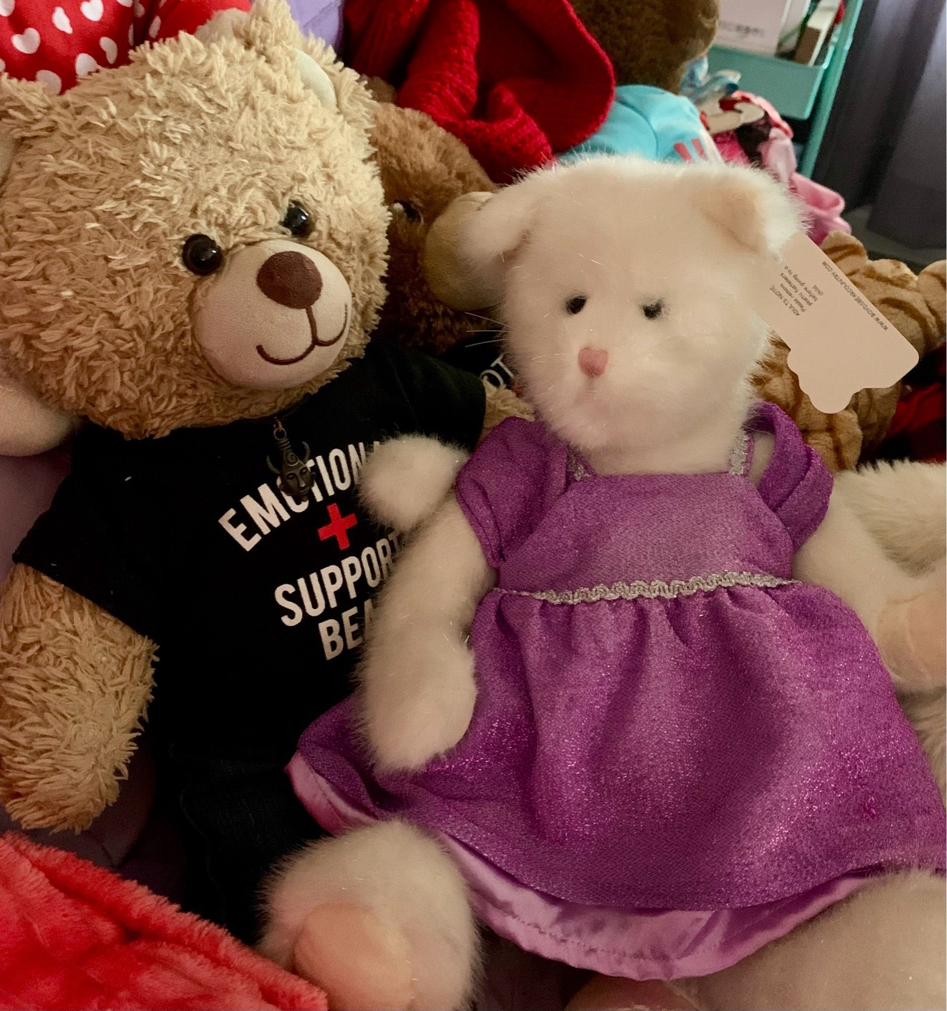 A light brown BABW teddy bear sits next to a bespoke white Boyd’s Bear teddy bear in a sparkly purple dress with a matching shawl