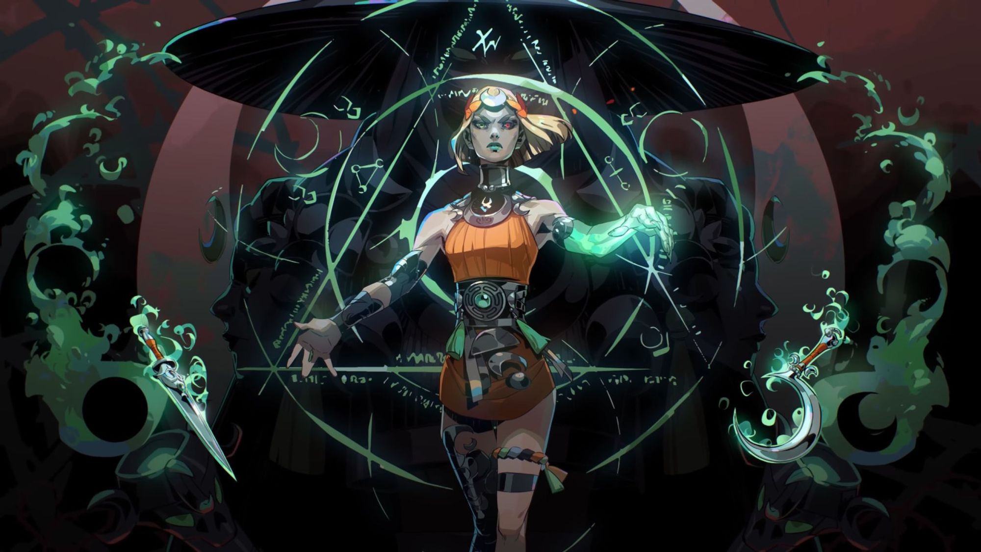 Game promo art from Supergiant Games: Melinoë, a grey-skinned young woman, with blonde hair, orange-brown top & skirt, adorned with jewellery and mystical symbols, one arm aglow with mystical green energy stands in front of a background of arcane imagery, while a glowing dagger and sickle hover beside her.