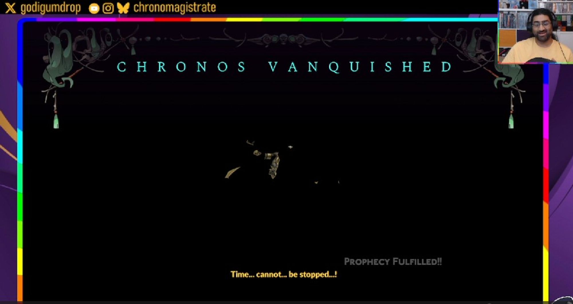 Screenshot from stream VOD, with myself in top-right corner, screen showing a mostly black screen with the words "CHRONOS VANQUISHED" and a body fading into the dark.