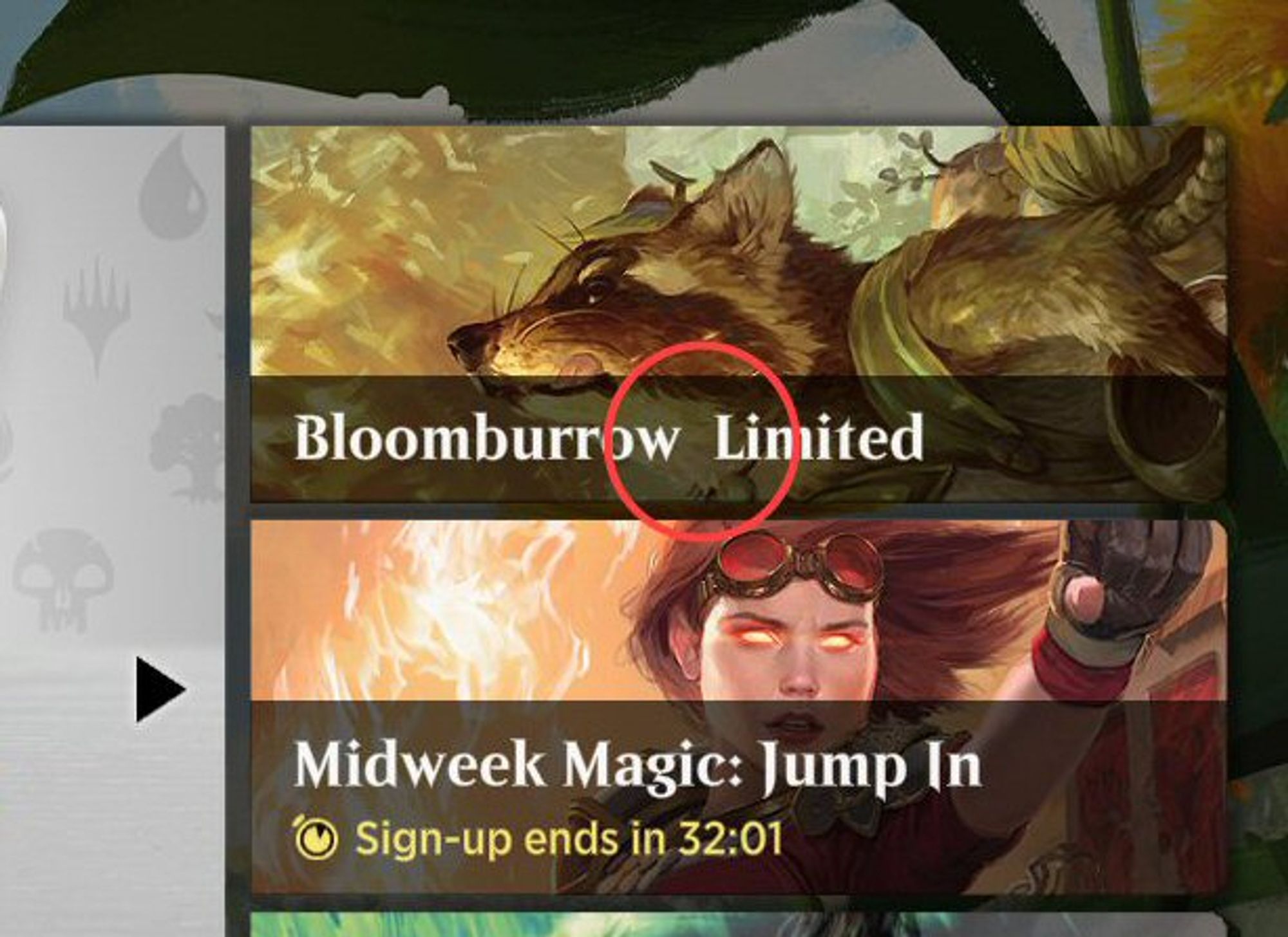 Screenshot from MTG Arena of a side panel featuring a raccoon image is overlaid with the words "Bloomburrow Limited" with an additional space or two between the words.