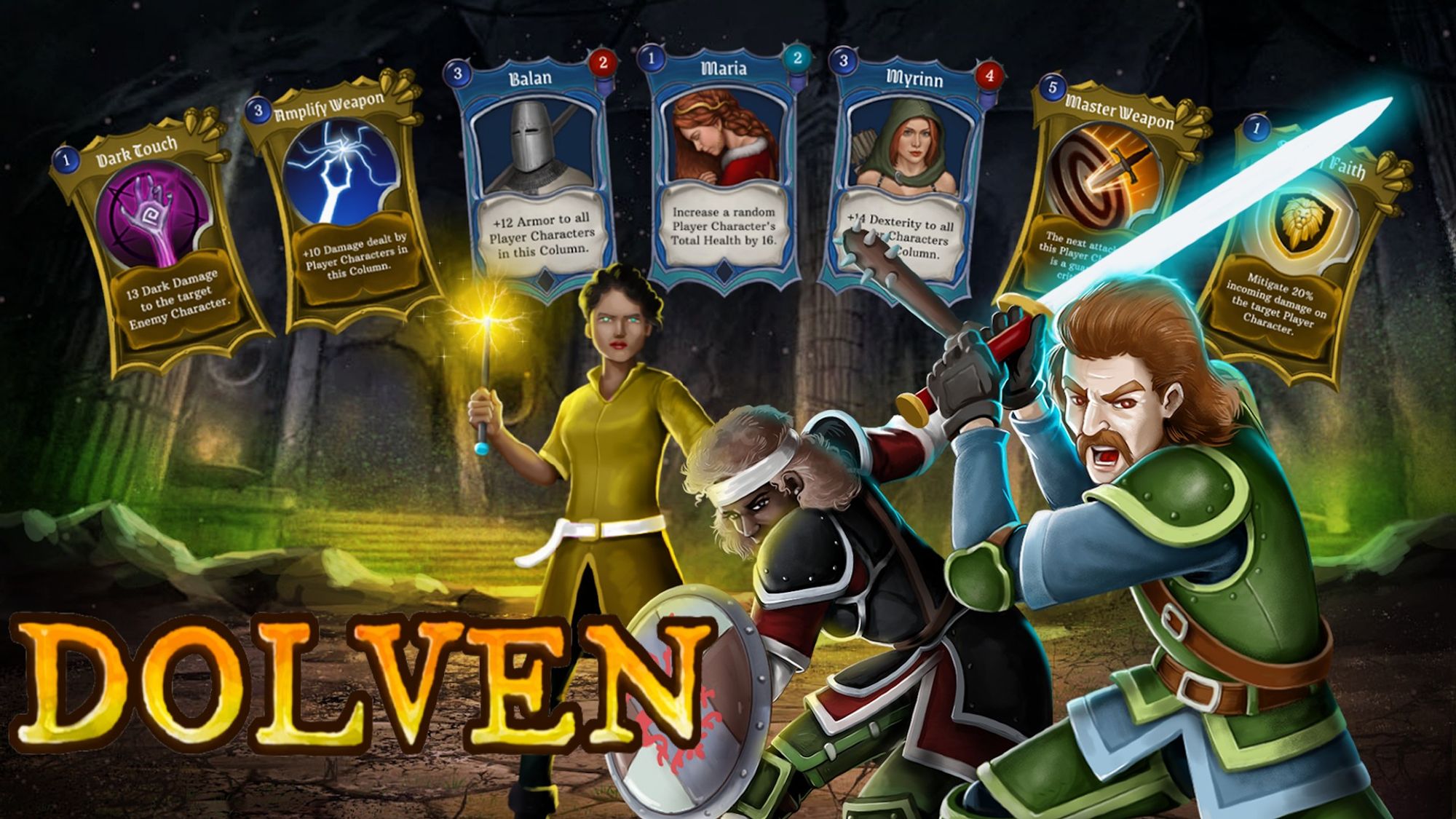 Game promo art - a fantasy party of three characters (one with a glowing sword, one with shield and club, one with a glowing wand) stand amidst a cave-like scene with a pillared doorway in the background. Various game cards are also pictured in an arc overhead.