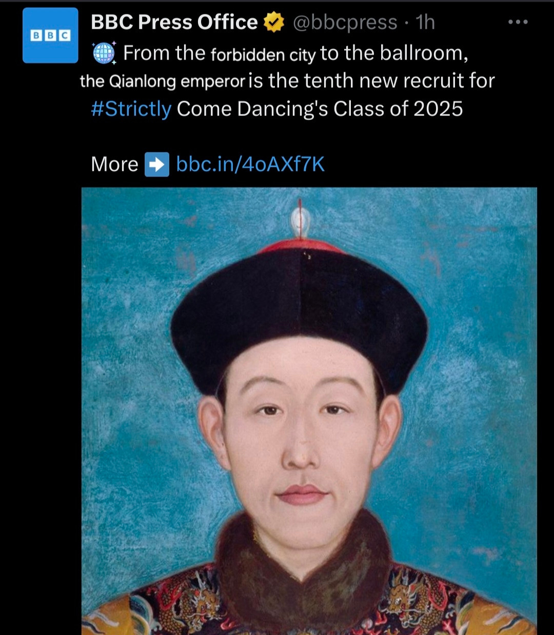 bbc press office tweet announcing the quianlong emperor joining strictly 