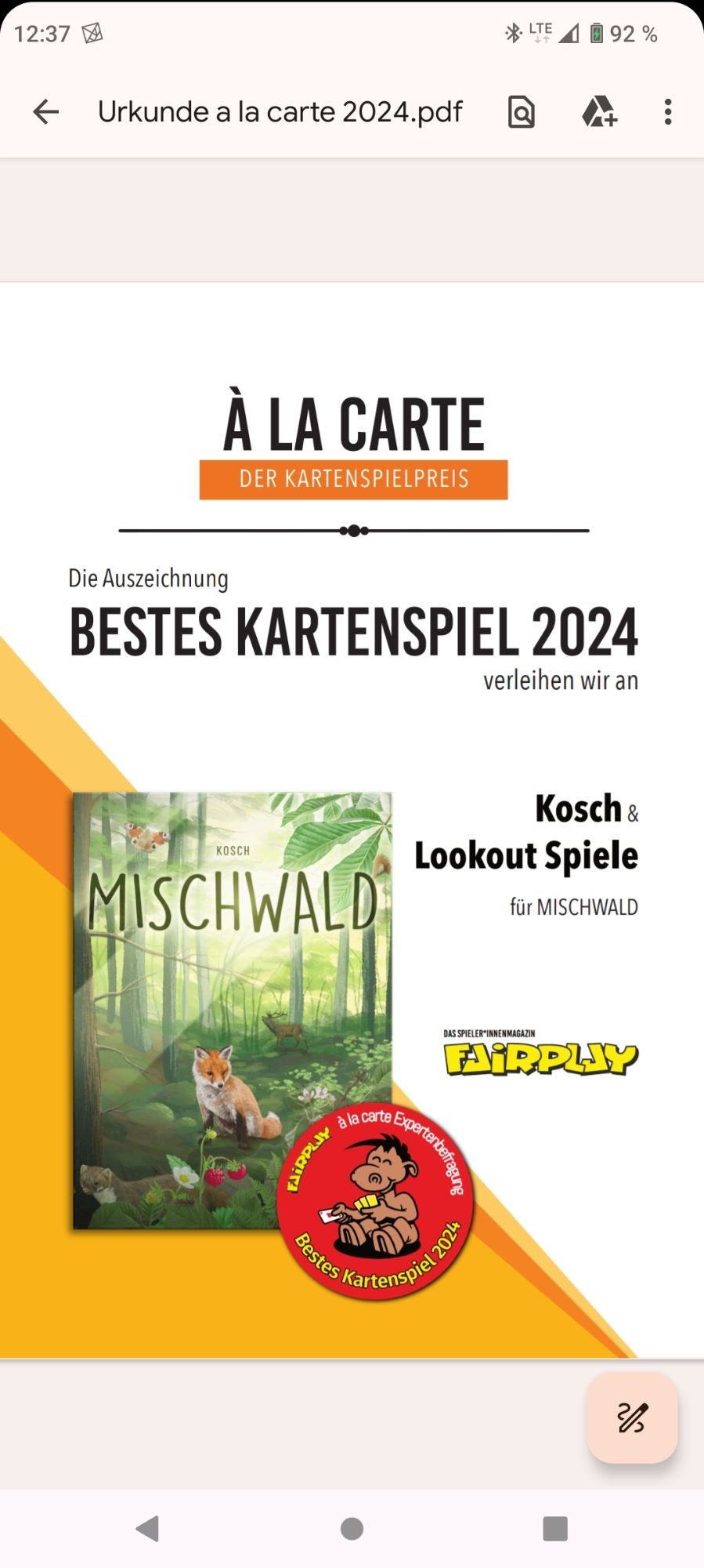 MISCHWALD gewinnt den À la Carte Award