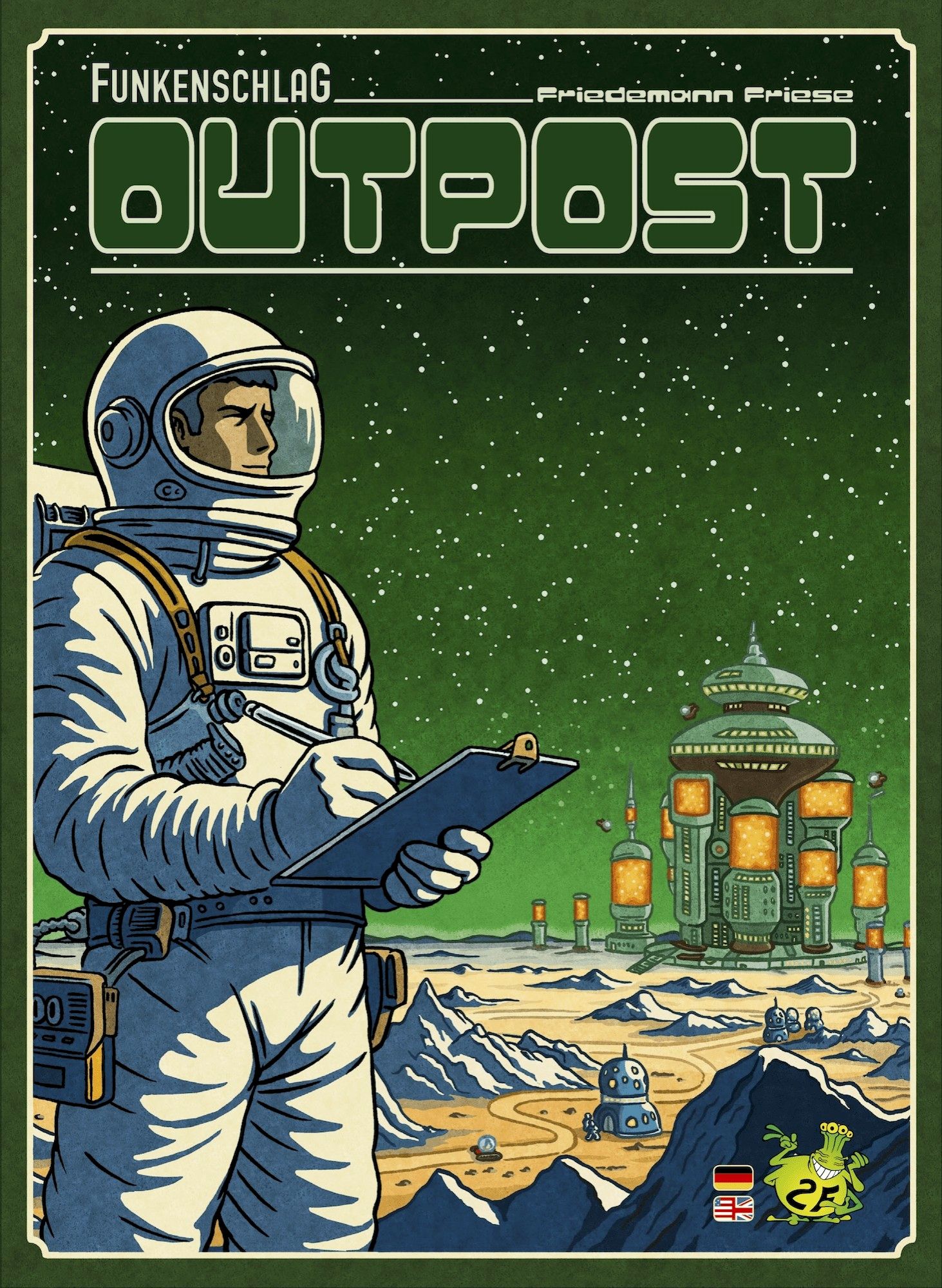 Das Cover von Funkenschlag Outpost von Friedemann Friese. Ein Astronaut ist auf einem fernen Mond oder Planeten zusehen und trägt einen Raumanzug. In der Hand ein Klemmbrett. Im Hintergrund ist ein futuristischer Außenposten zu sehen.

Friedemann Friese: FUNKENSCHLAG: OUTPOST für 2 – 6 Personen ab 12 Jahren mit Illustration von Lars-Arne „Maura“ Kalusky bei 2F-Spiele 2024, Spieldauer 90 – 120 Minuten