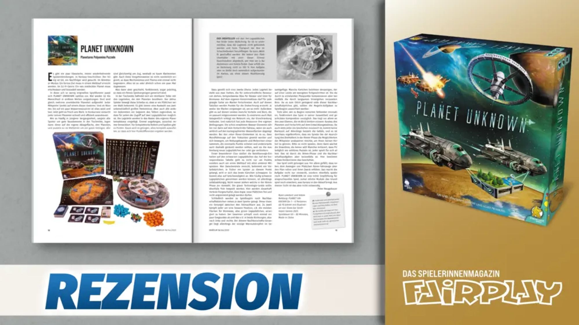 Beitragsbild zur Rezension von PLANET UNKNOWN. Links das aufgeschlagene Fairplay Magazin. Rechts die Spielschachtel. Unten der Text "Rezension".