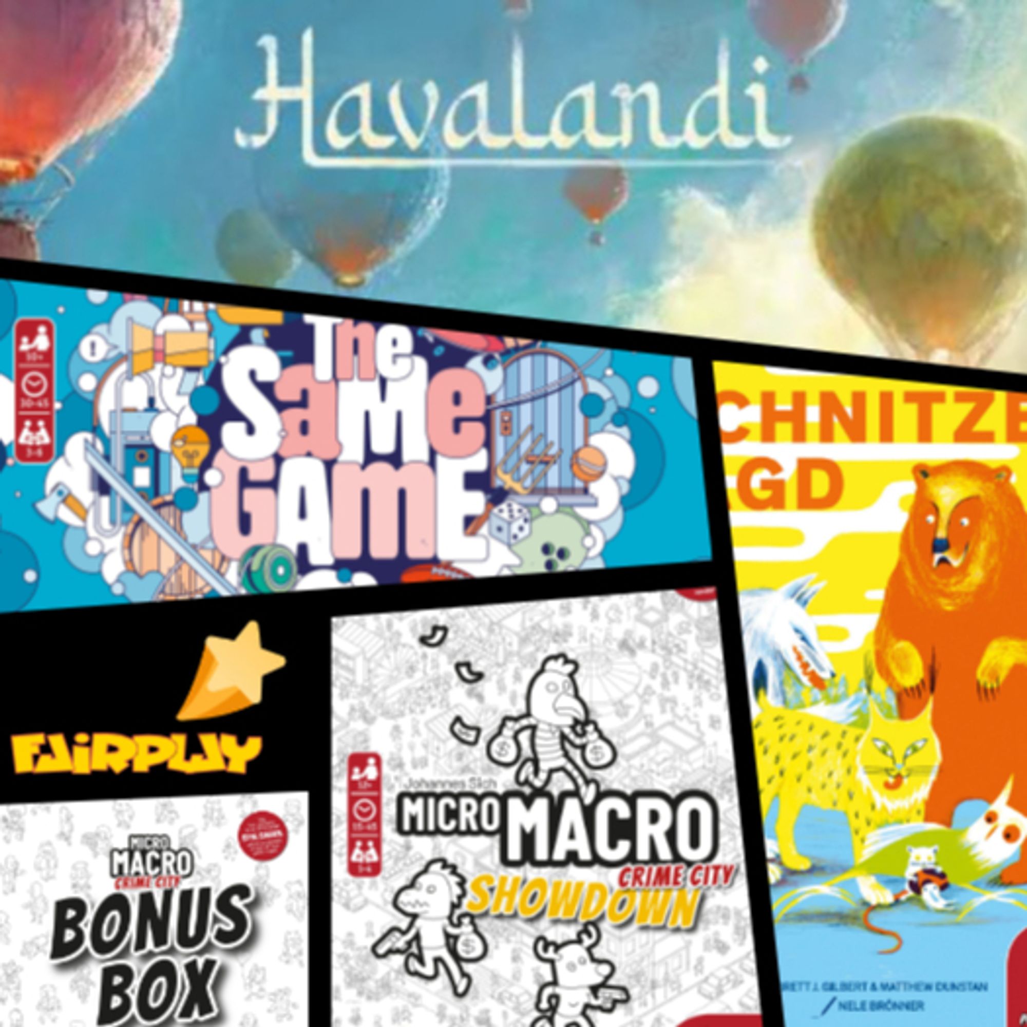 All the games that you can win at Scoutaktion donated by Edition Spielwiese: Havalandi, The Same Game, Schnitzeljagd and 2 new boxes of MicroMacro.