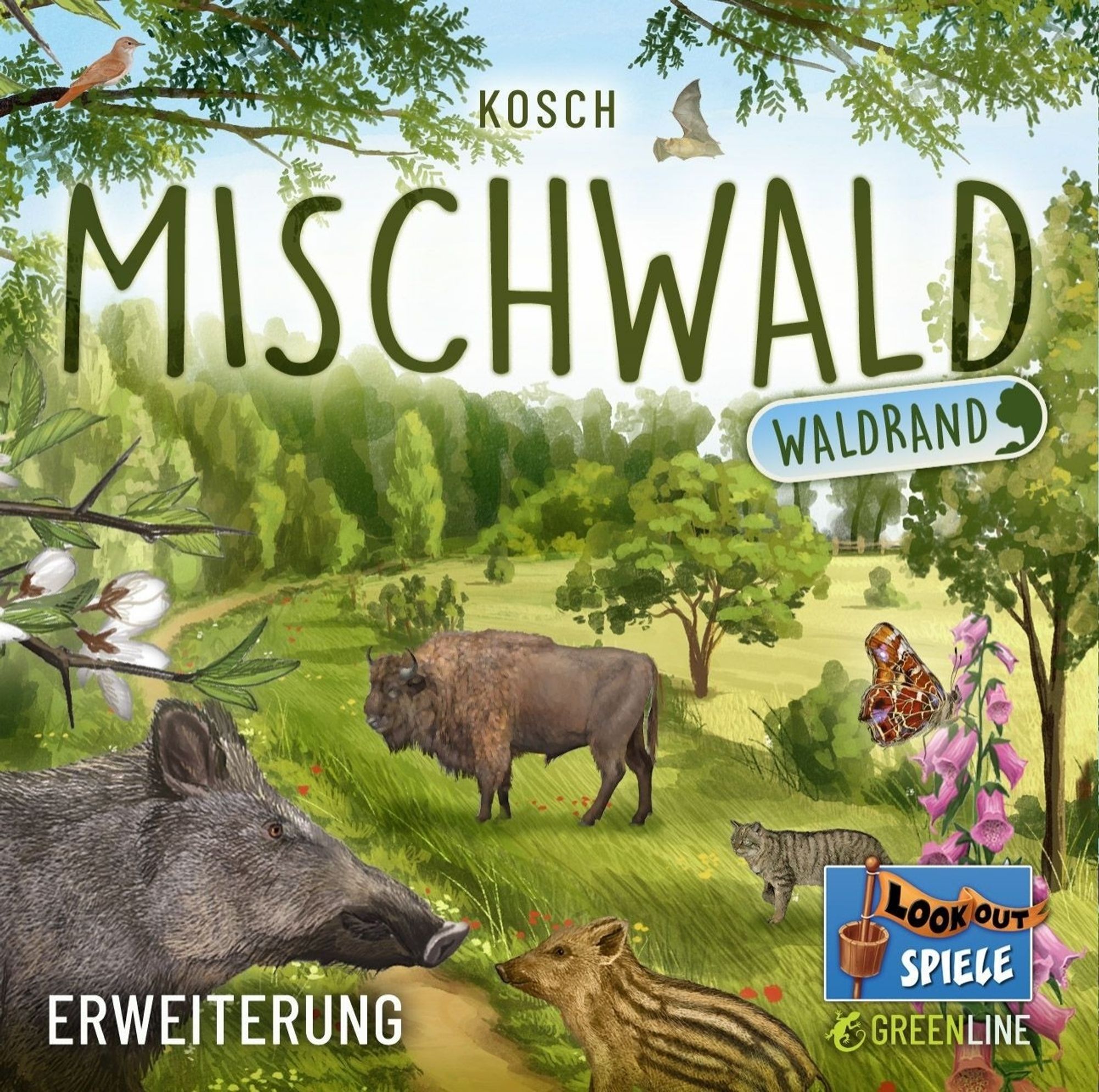 Das Cover von Mischwald: Waldrand. Der Blick geht aus einem Wald auf den Waldrand mit allerlei Tieren und Pflanzen: Wildschwein(chen), Schmetterlinge, Bison, Fledermaus, Fingerhut uvm.

Dazu der Schriftzug: "Kosch: Mischwald: Waldrand"

**Kosch: MISCHWALD: WALDRAND für 2 – 5 Personen mit Illustration von Toni Llobet und Judit Piella bei Lookout Games 2024**