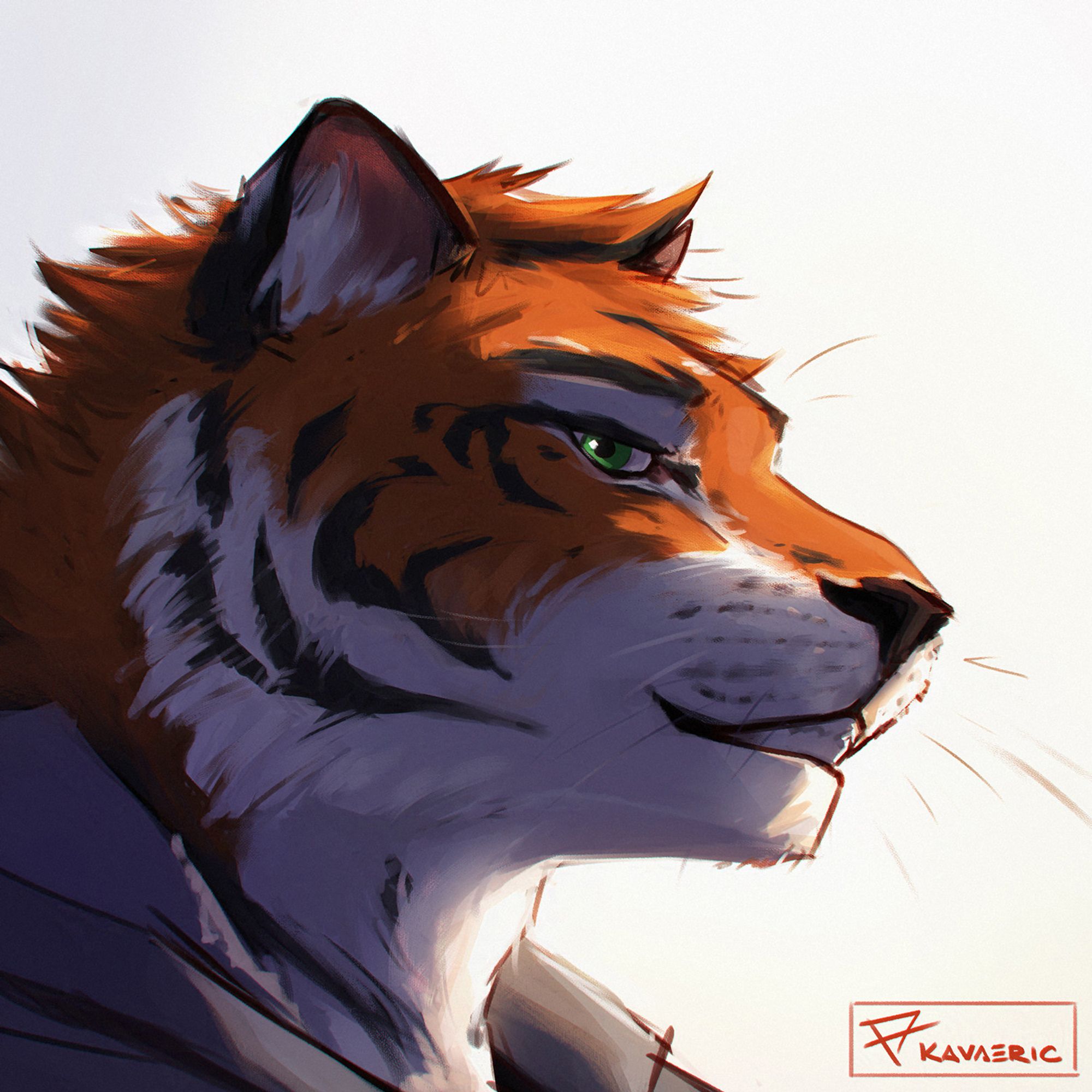 Digital illustration of a backlit anthro tiger, giving a calm smile at the viewer.