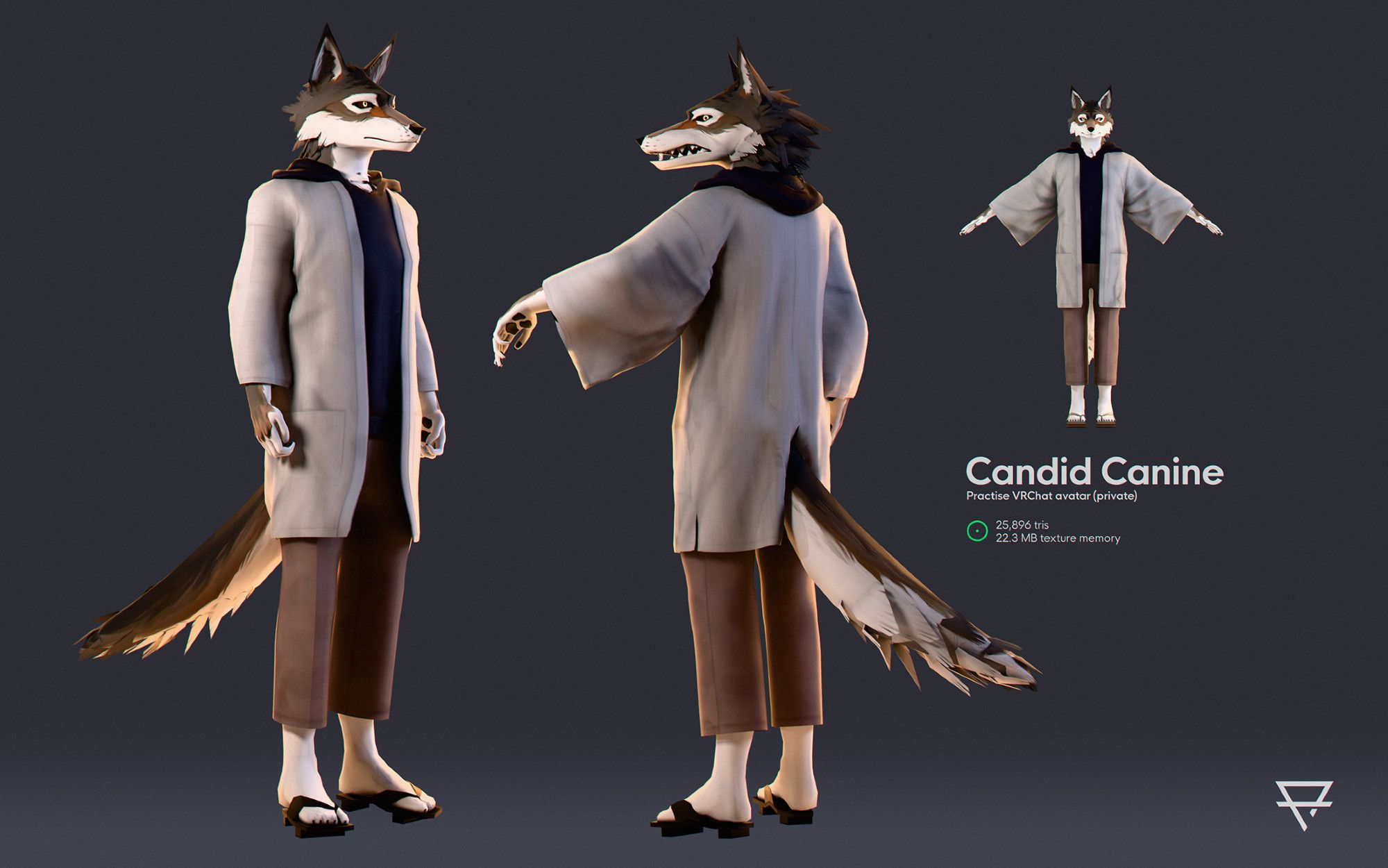 Character sheet of a stylised 3D rendered wolf character. The character has dull greyish-brown markings, and their eyes are dark with bright amber glowing irises. They are wearing a navy-black hoodie, a sort of light grey haori-coat atop, pleated brown trousers, and a pair of sandals.