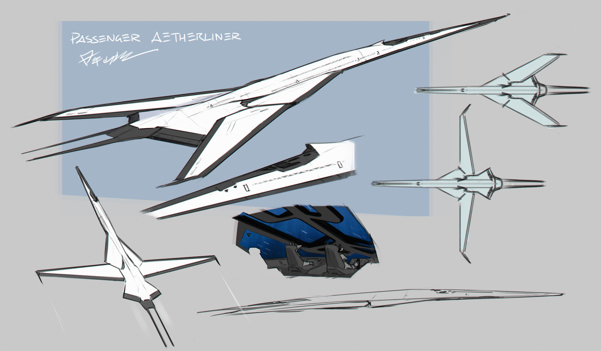 Digital sketch collection of a sleek, angular double-deck passenger spaceplane with swinging variable sweep wings.