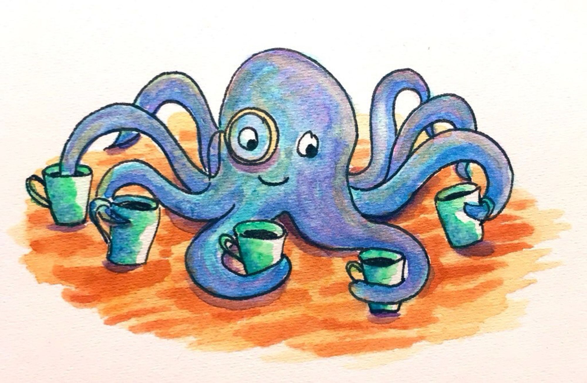 Ein Monokelkrake mit 5 Kaffeebechern (Aquarell)