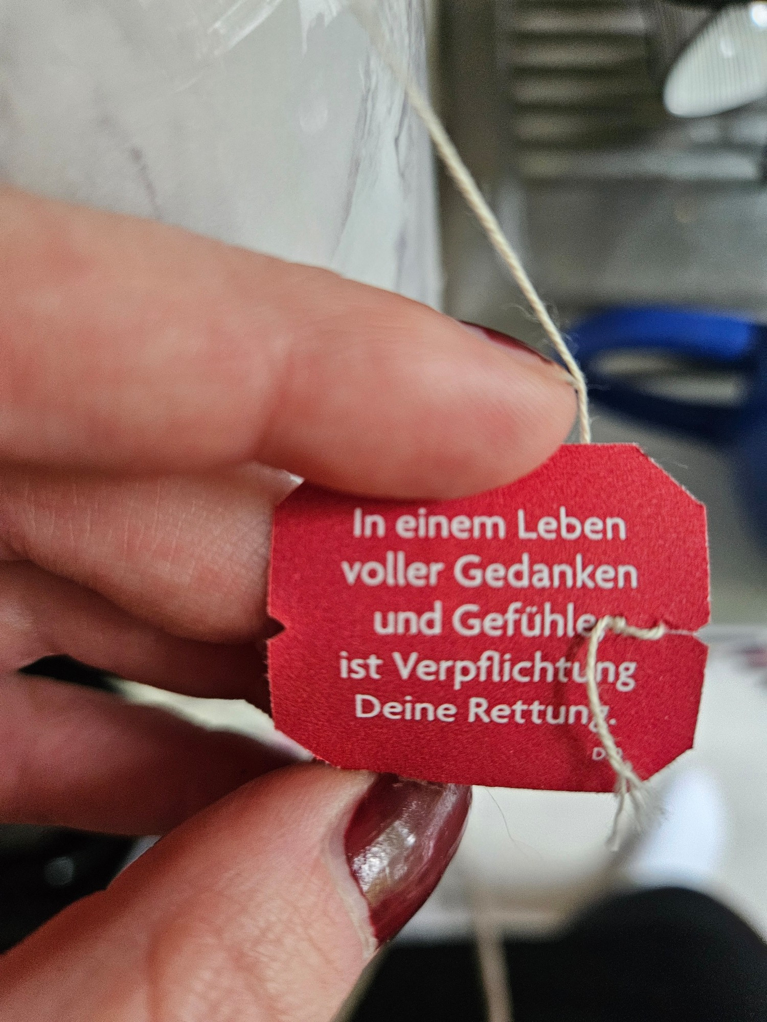 YogiTea mit dem Text "In einem Leben voller Gedanken und Gefühle ist Verpflichtung Deine Rettung".