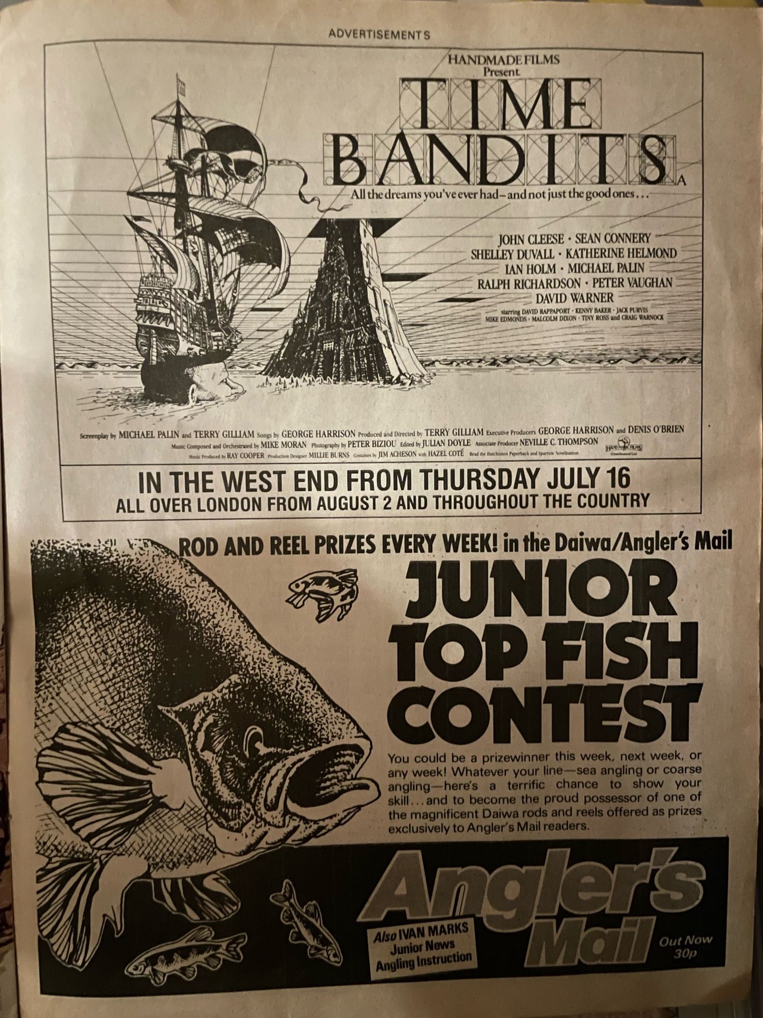 A vintage advertisement for the film "Time Bandits," featuring a pirate ship and a castle-like mountain, along with a list of cast members. Below, there is a promotion for the "Junior Top Fish Contest" associated with Angler's Mail, from IPC weekly magazine Look and Learn.