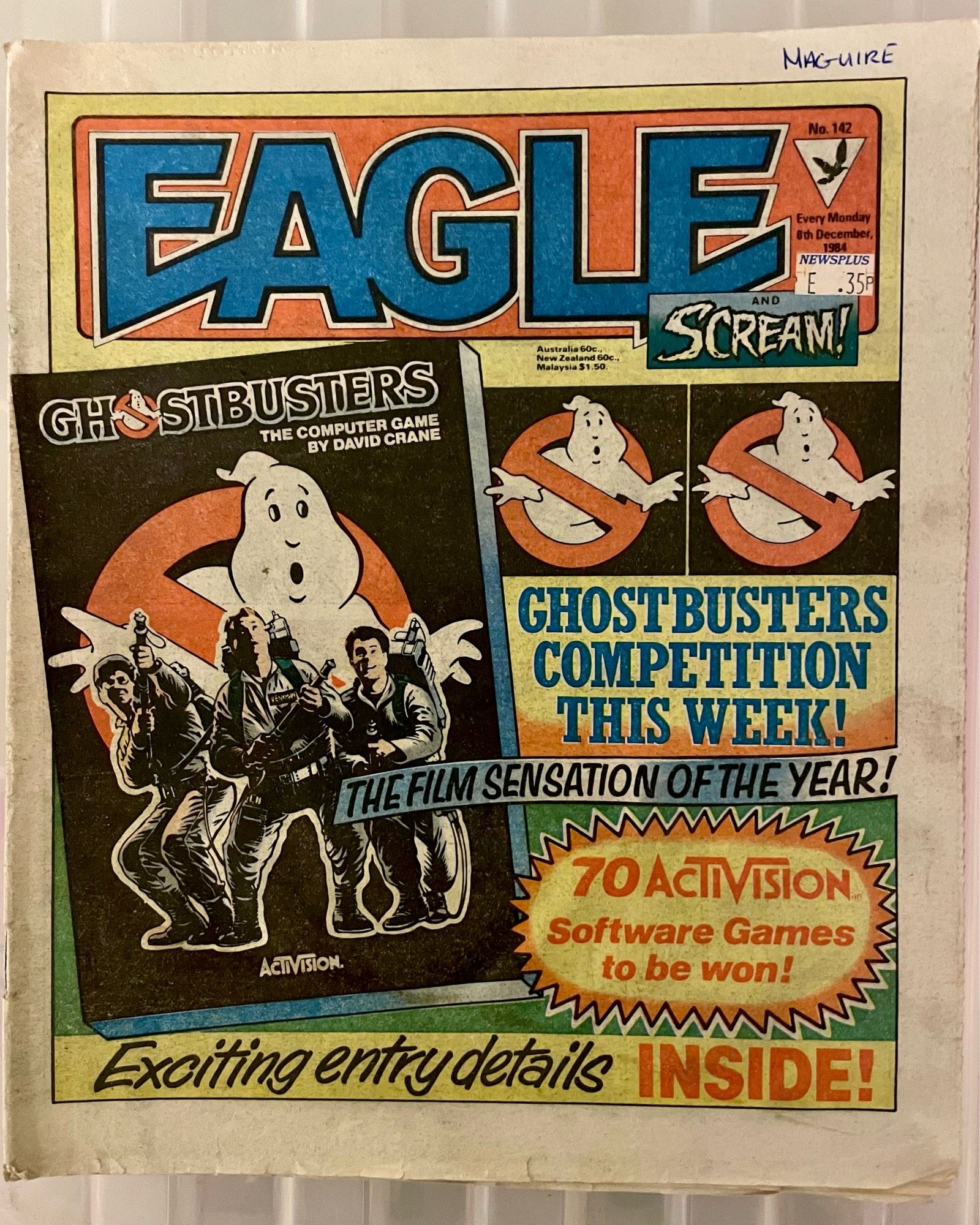 A vintage comic cover featuring the title "Eagle and Scream!" with a focus on the "Ghostbusters" computer game. It includes images of the Ghostbusters with proton packs and highlights a competition related to the game. The date on the cover is December 1984.