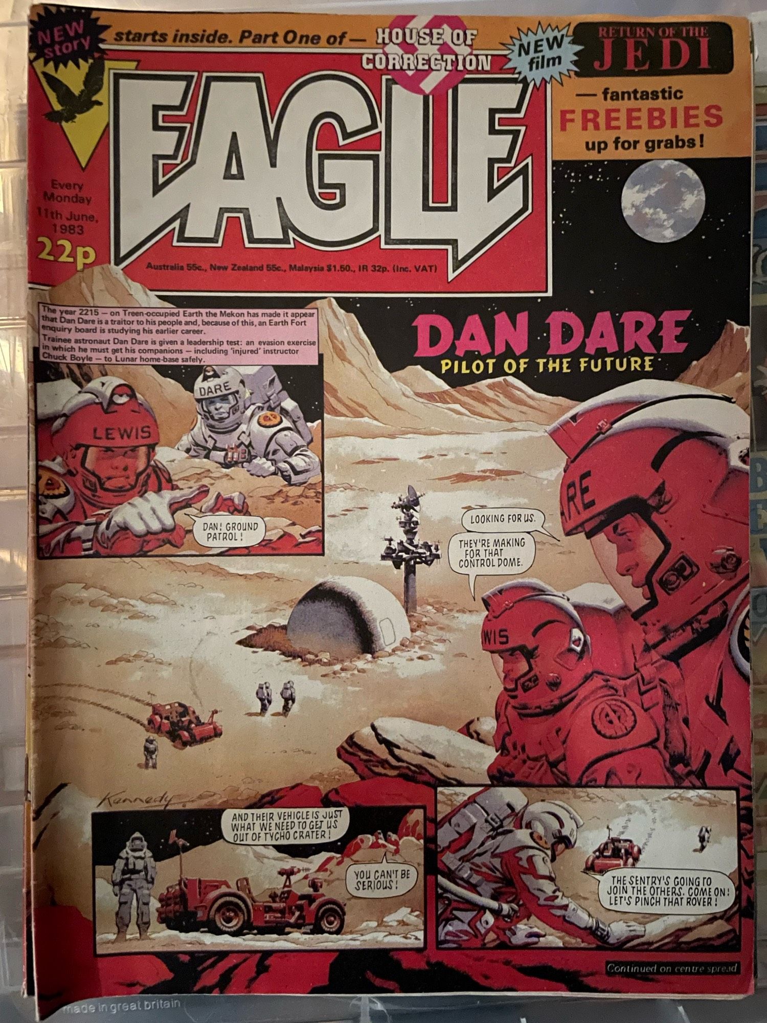 The image features a vintage comic book cover titled "Eagle," dated 11 June 1983. It prominently displays the title and features "Dan Dare, Pilot of the Future." The cover includes a science fiction illustration depicting astronauts on a lunar base. One headline says “New Film RETURN OF THE JEDI”