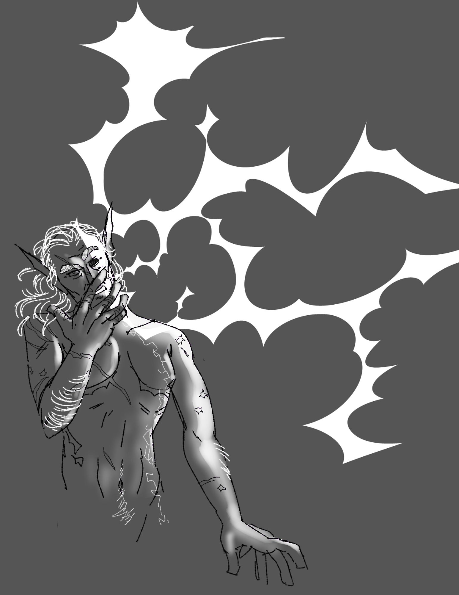 a dark grayscale doodle of a middle aged drow with arcs of lightning or energy bursting from under his skin. a line of magic sigils glow that run along the right side of his body, charged with electrical energy. he seems distressed or shocked, one hand brought up to cover his face that wears a pained expression.